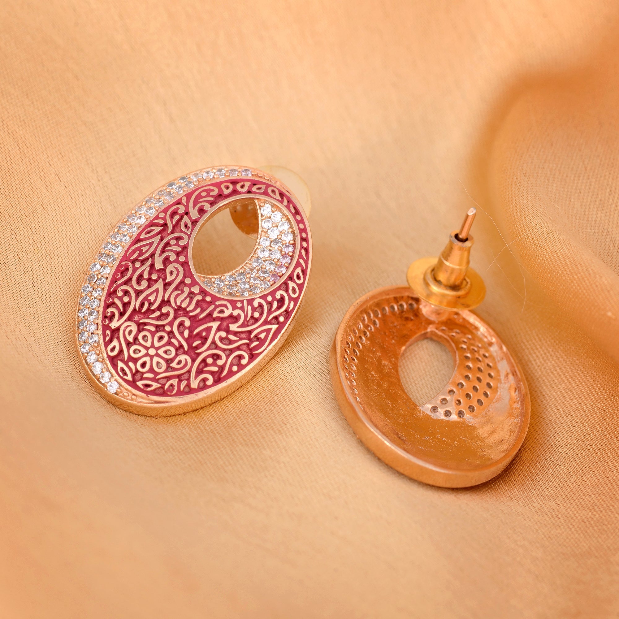 Oval Red Meenakari Small Earrings High Quality Enamelled Rose Gold Plated for Women and Girls