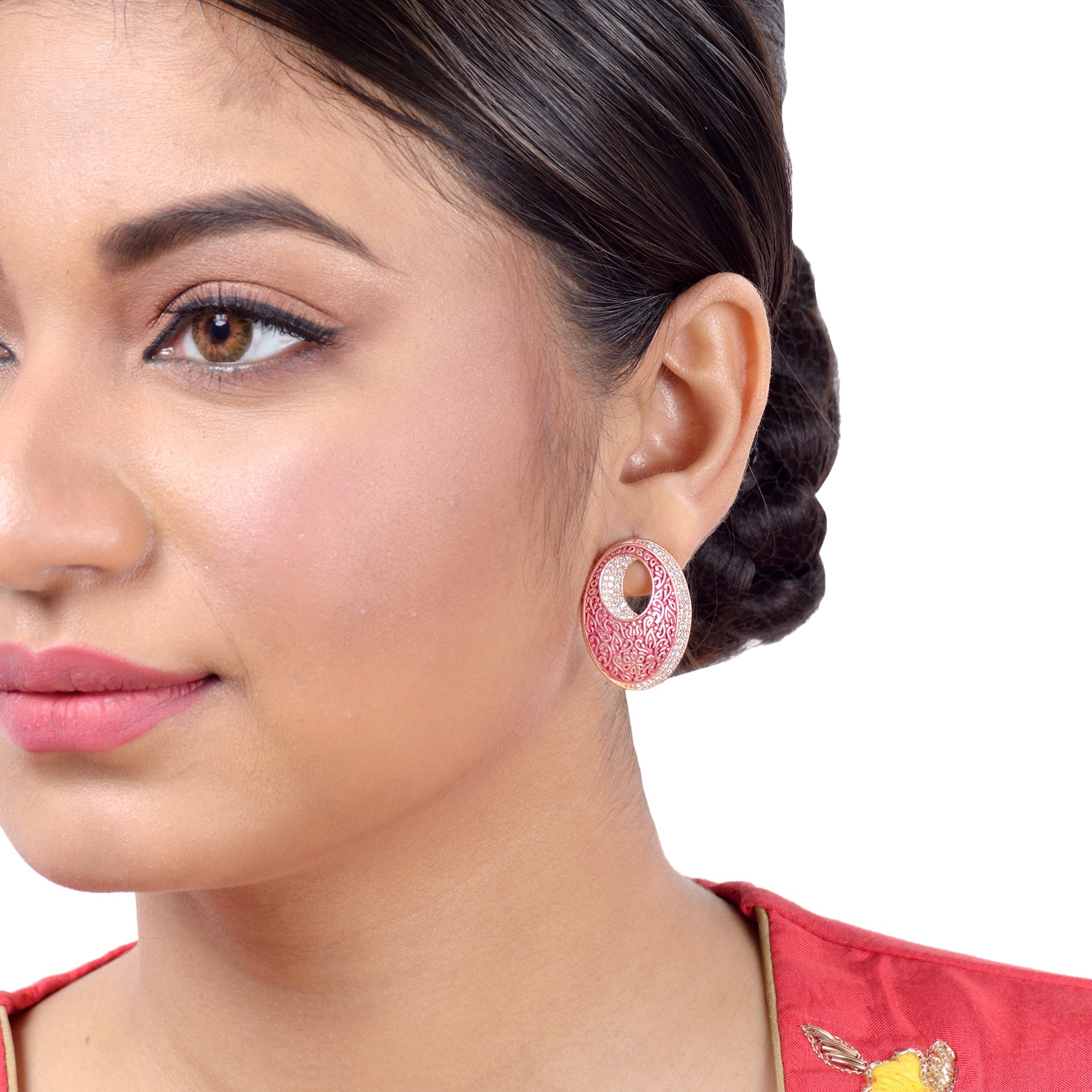 Oval Red Meenakari Small Earrings High Quality Enamelled Rose Gold Plated for Women and Girls