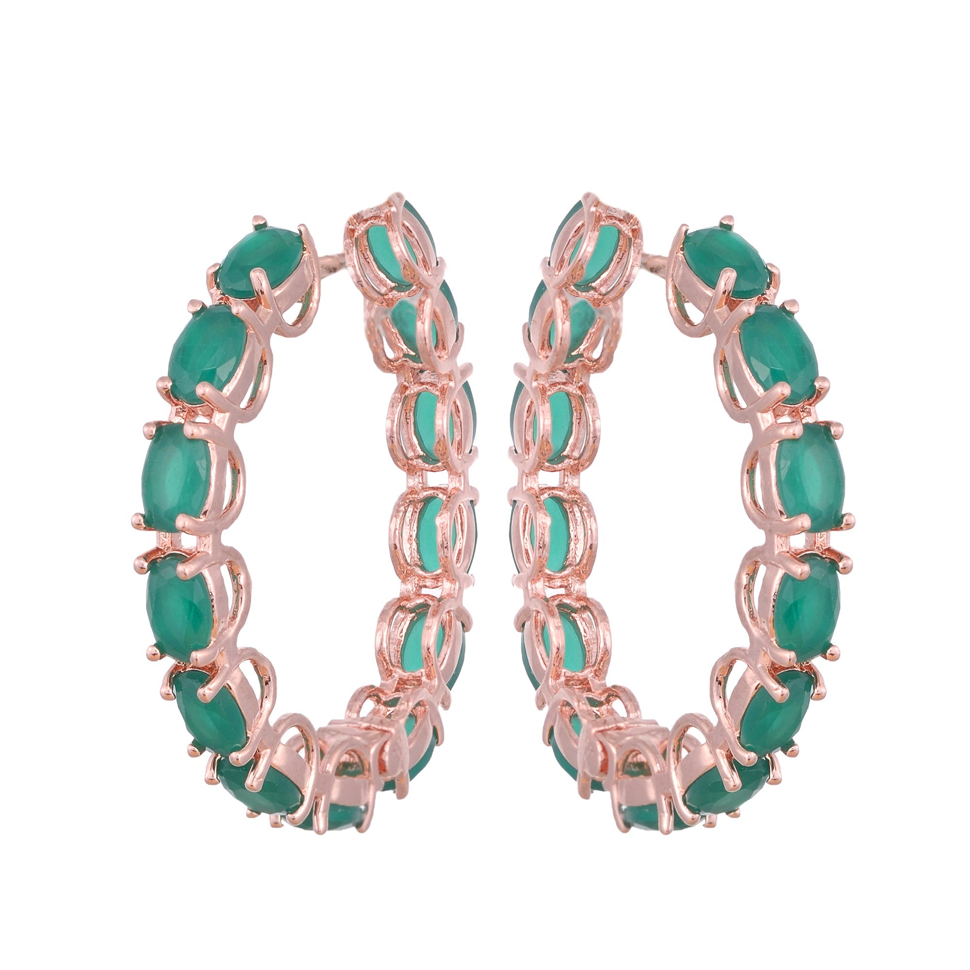 Emerald Studded Hoops Rose Gold Plated Green Round Big Earrings for Women and Girls