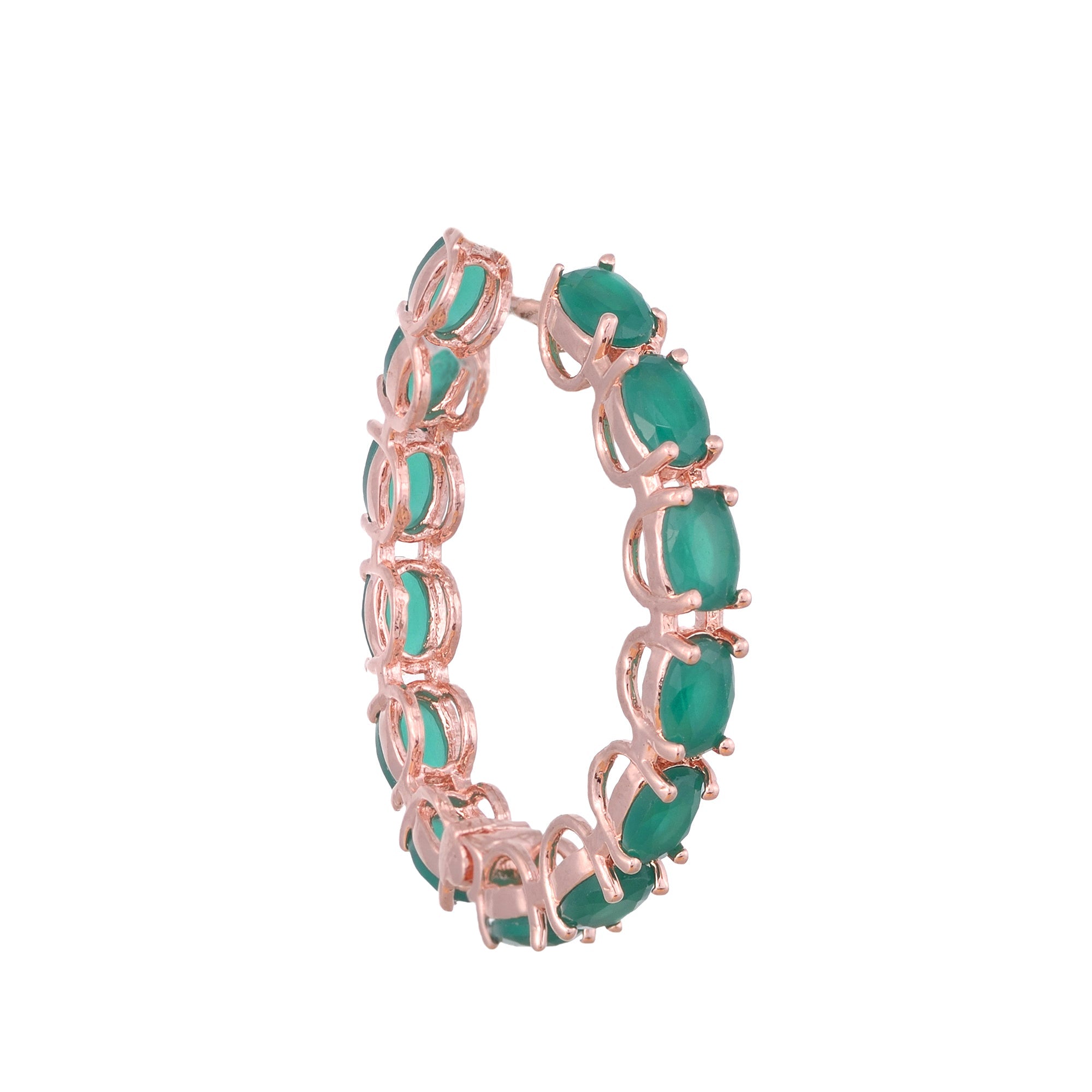 Emerald Studded Hoops Rose Gold Plated Green Round Big Earrings for Women and Girls