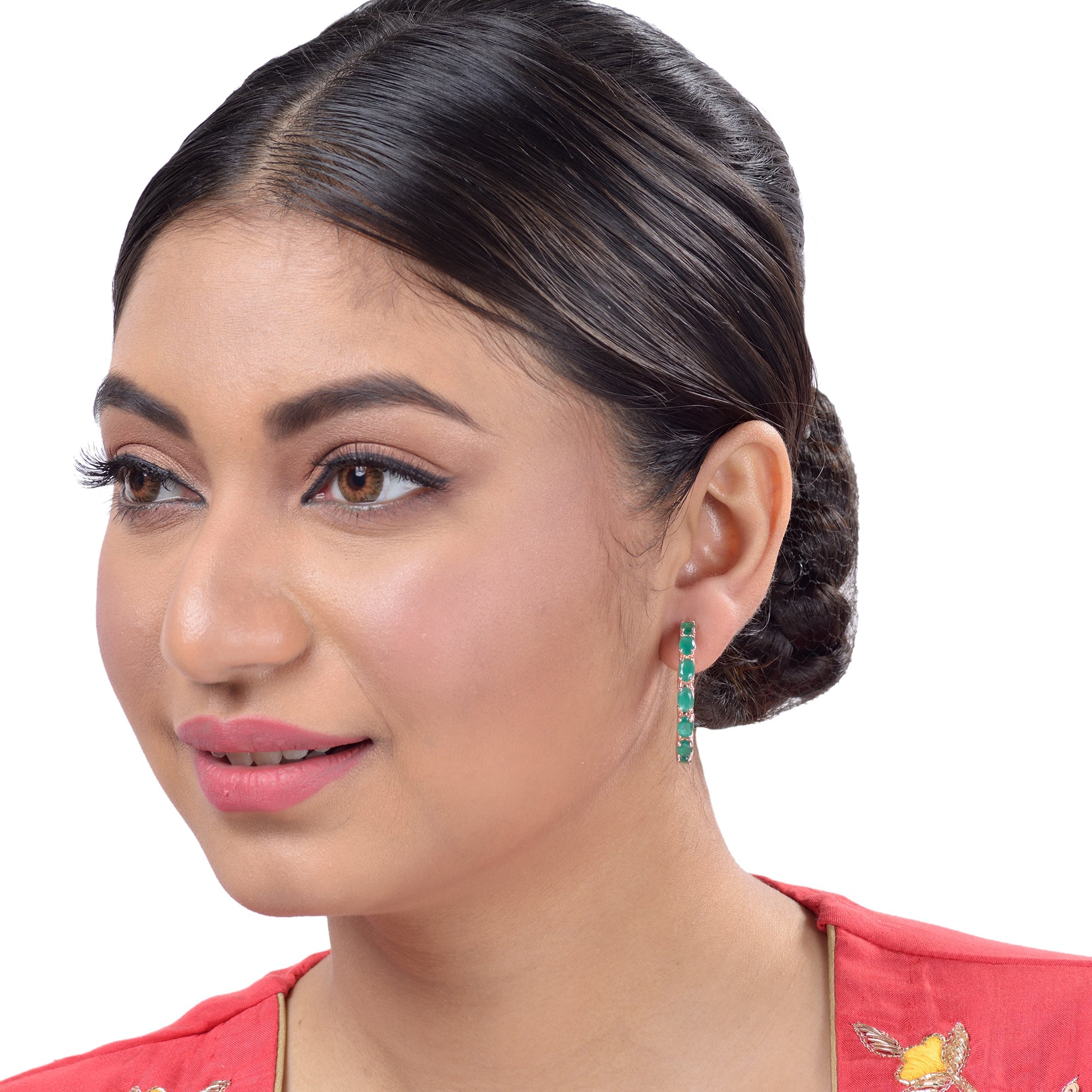 Emerald Studded Hoops Rose Gold Plated Green Round Big Earrings for Women and Girls