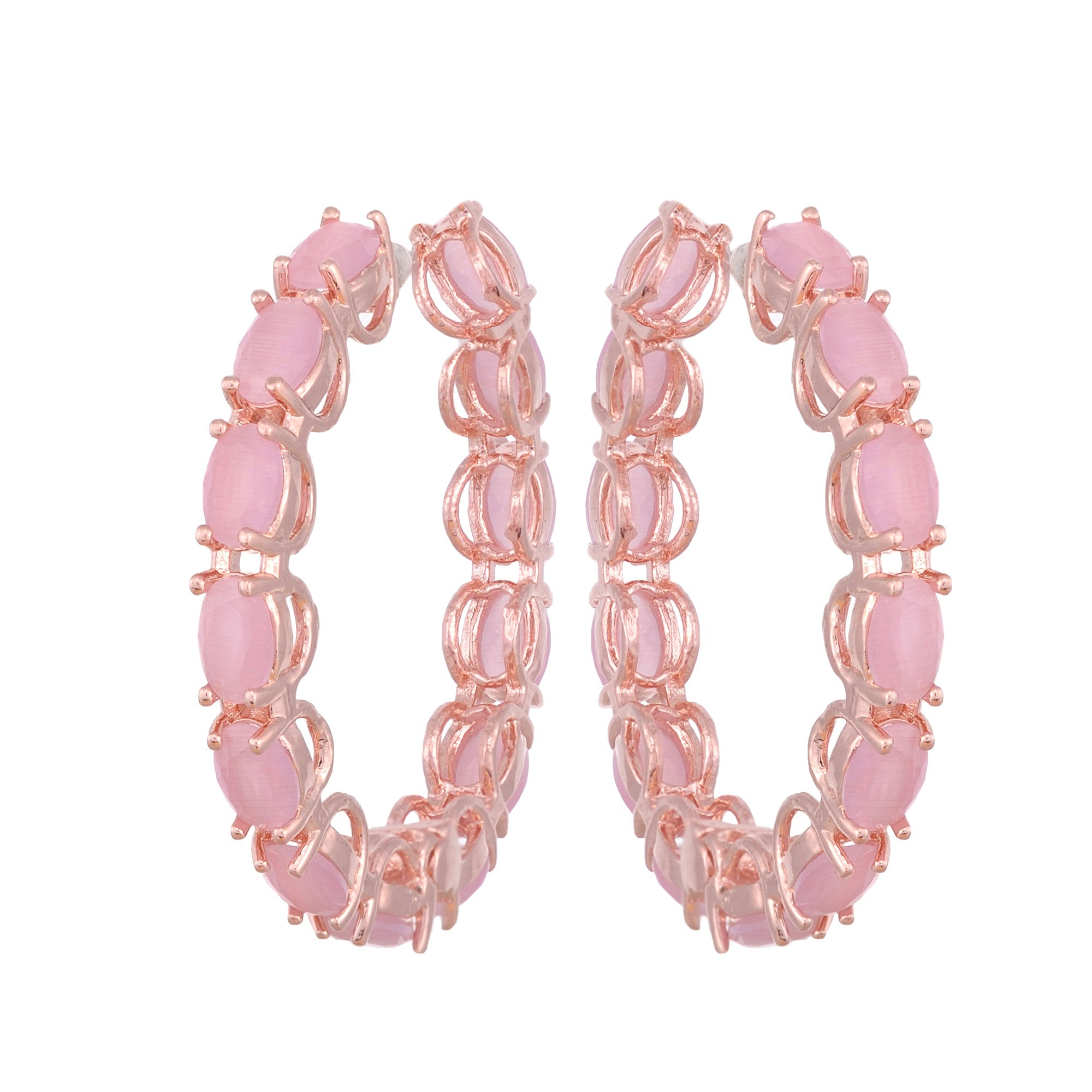 Rose Quartz Studded Hoops Rose Gold Plated Pastel Baby Pink Round Big Earrings for Women and Girls