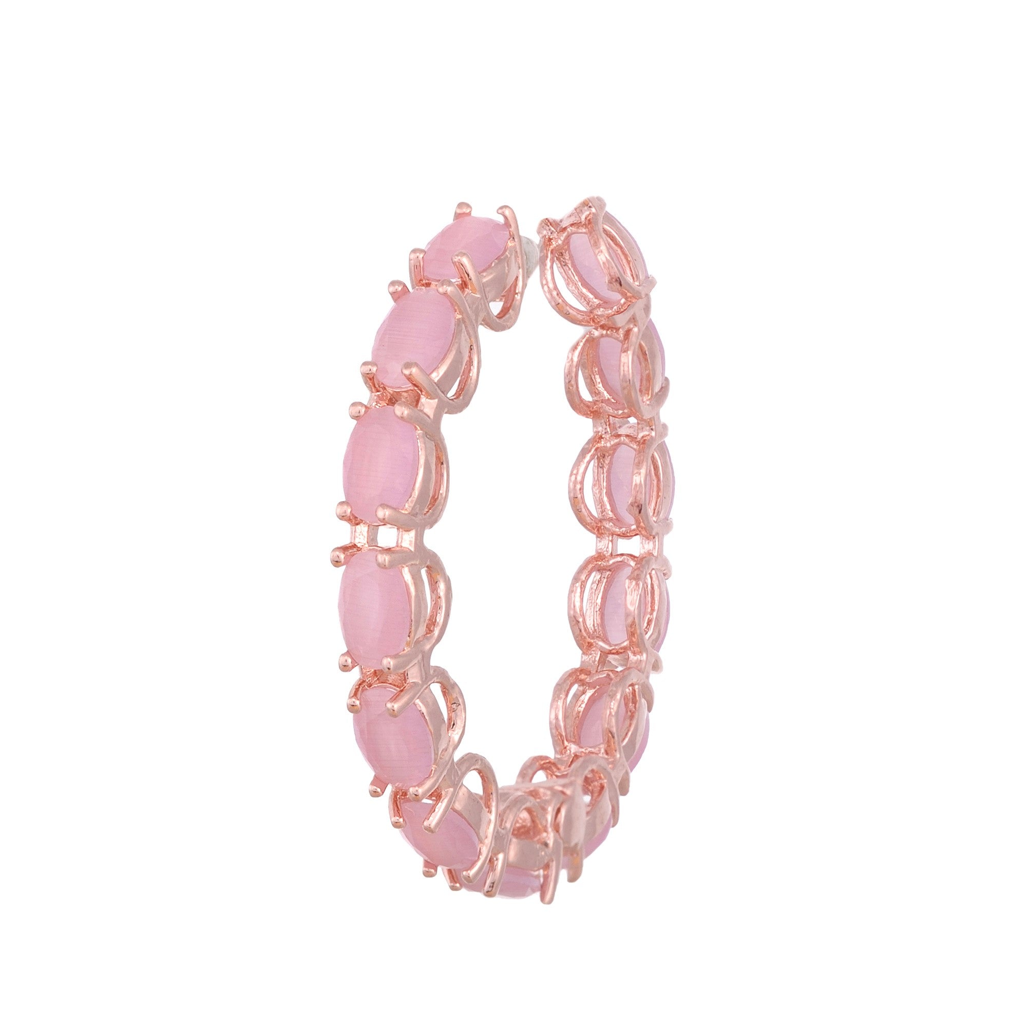 Rose Quartz Studded Hoops Rose Gold Plated Pastel Baby Pink Round Big Earrings for Women and Girls