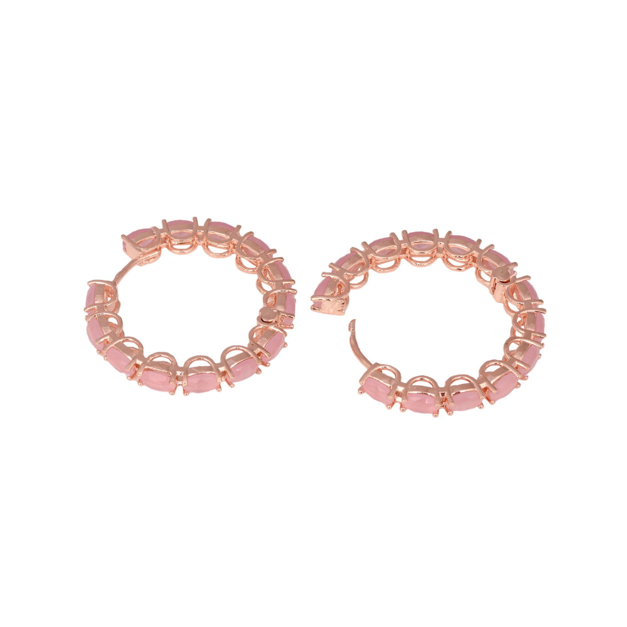 Rose Quartz Studded Hoops Rose Gold Plated Pastel Baby Pink Round Big Earrings for Women and Girls