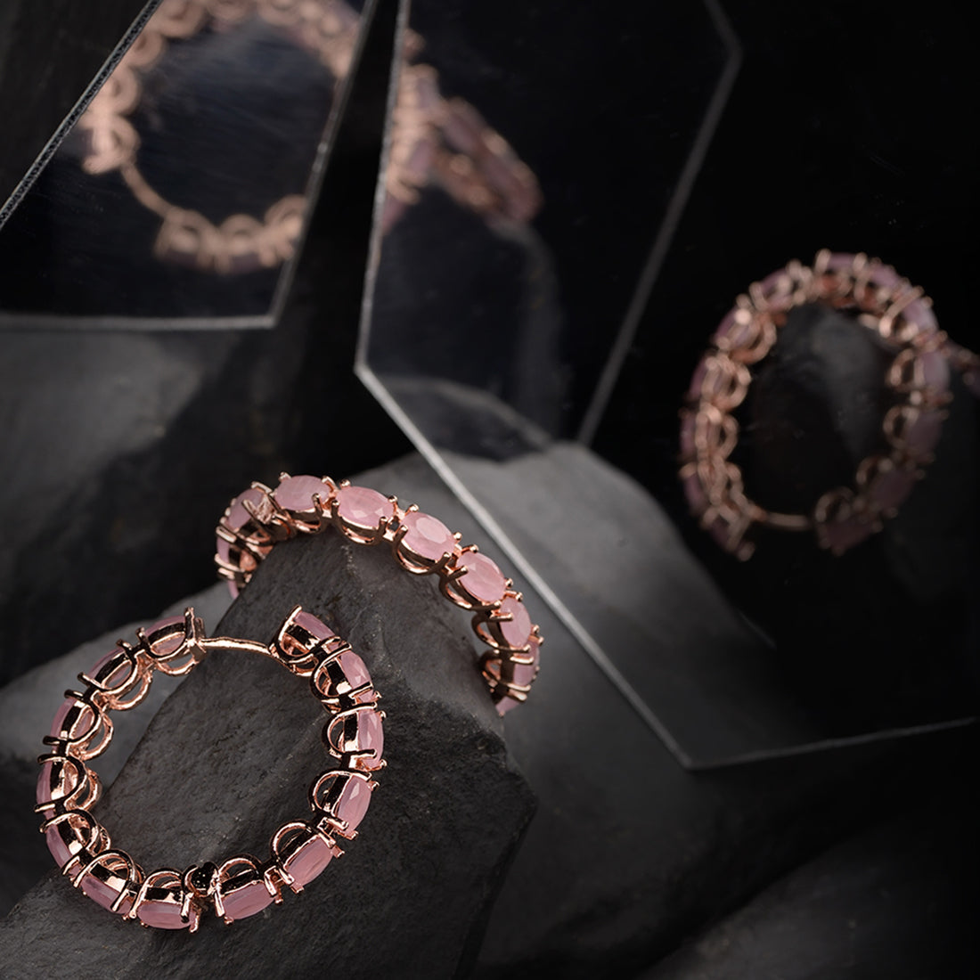 Rose Quartz Studded Hoops Rose Gold Plated Pastel Baby Pink Round Big Earrings for Women and Girls