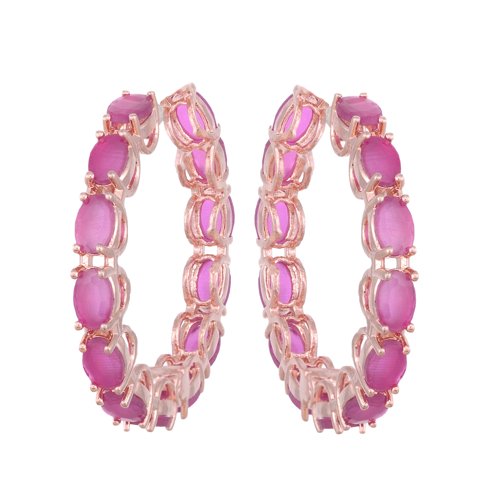 Magenta Studded Hoops Rose Gold Plated Pink Round Big Earrings for Women and Girls