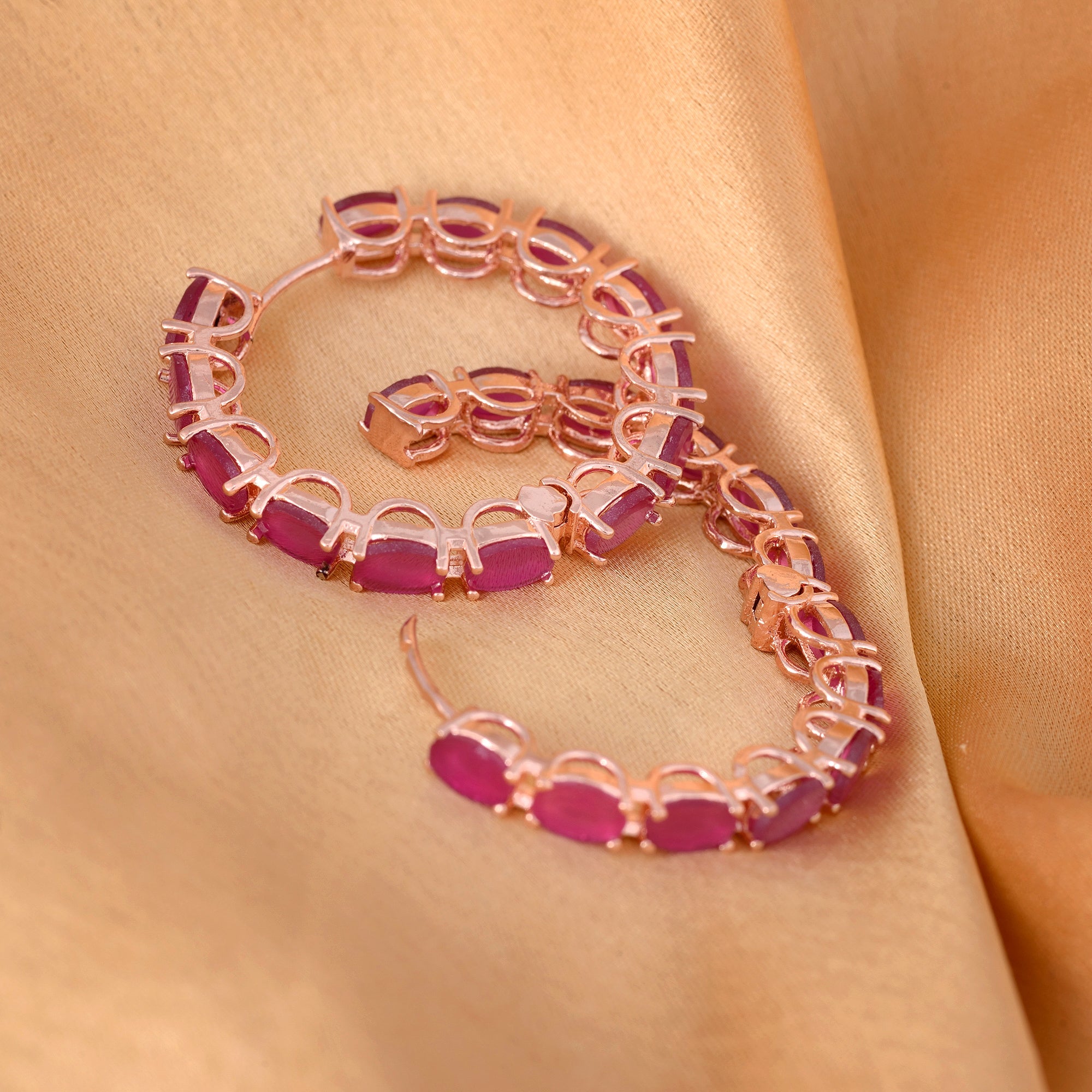 Magenta Studded Hoops Rose Gold Plated Pink Round Big Earrings for Women and Girls