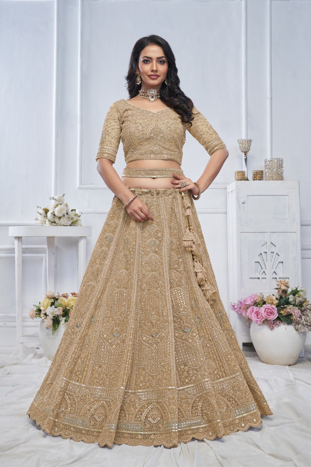 Women's Golden Soft Net Motifs Lehenga Set - Kesar Fab