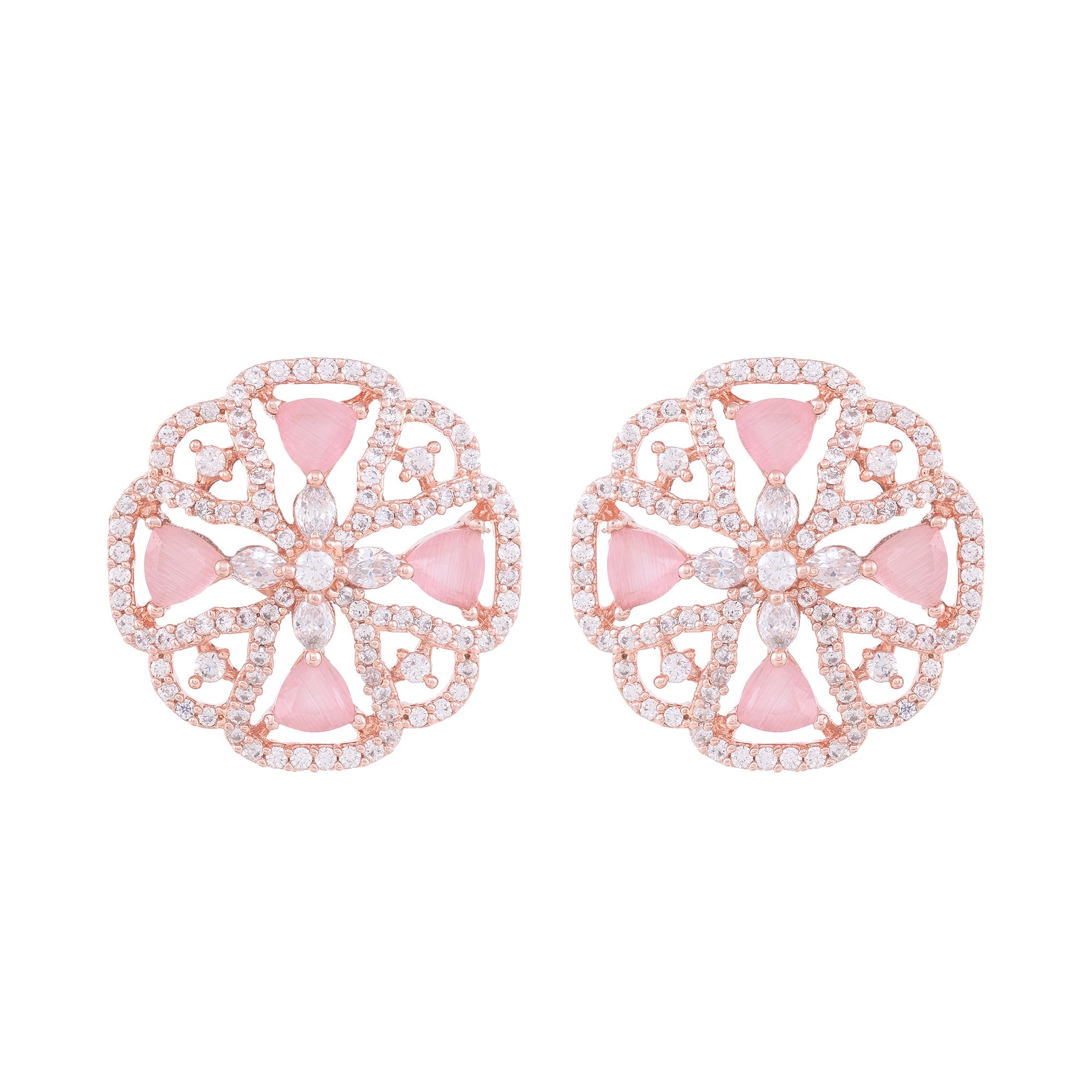 Crown Design Rose Quartz Studs Pastel Pink Tops Ad Encrusted Rose Gold Plated Earrings for Women and Girls