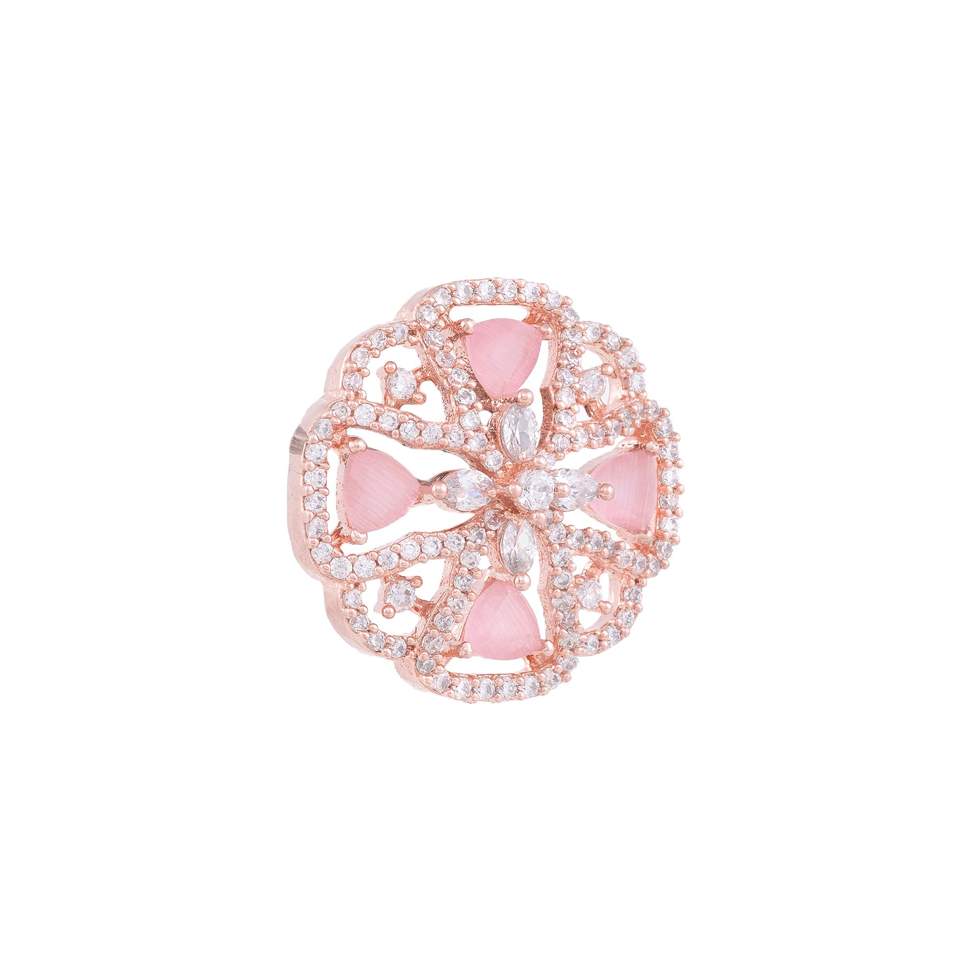 Crown Design Rose Quartz Studs Pastel Pink Tops Ad Encrusted Rose Gold Plated Earrings for Women and Girls