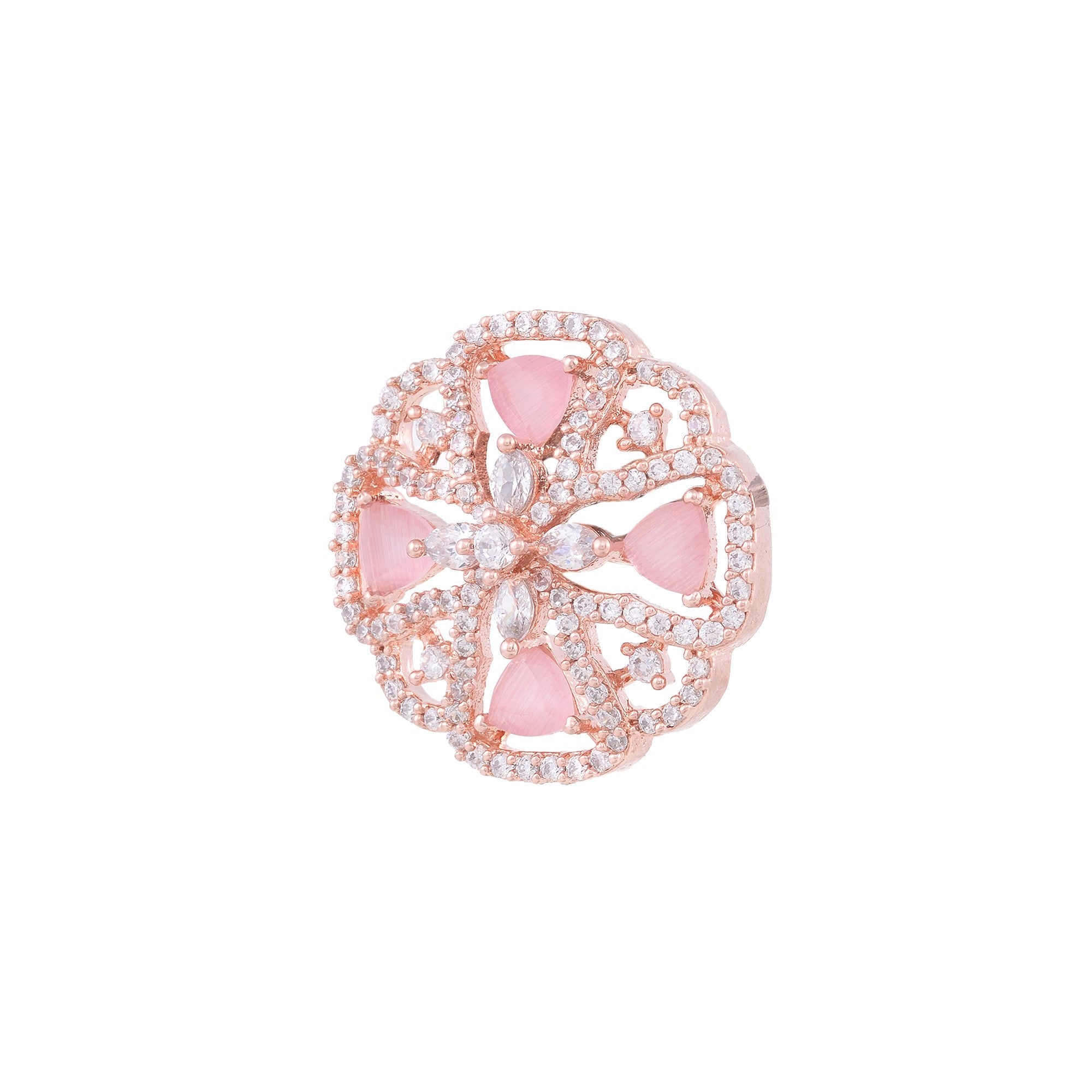 Crown Design Rose Quartz Studs Pastel Pink Tops Ad Encrusted Rose Gold Plated Earrings for Women and Girls