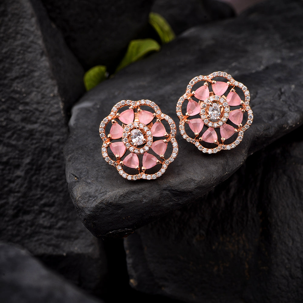Crown Design Rose Quartz Studs Pastel Pink Tops Ad Encrusted Rose Gold Plated Earrings for Women and Girls