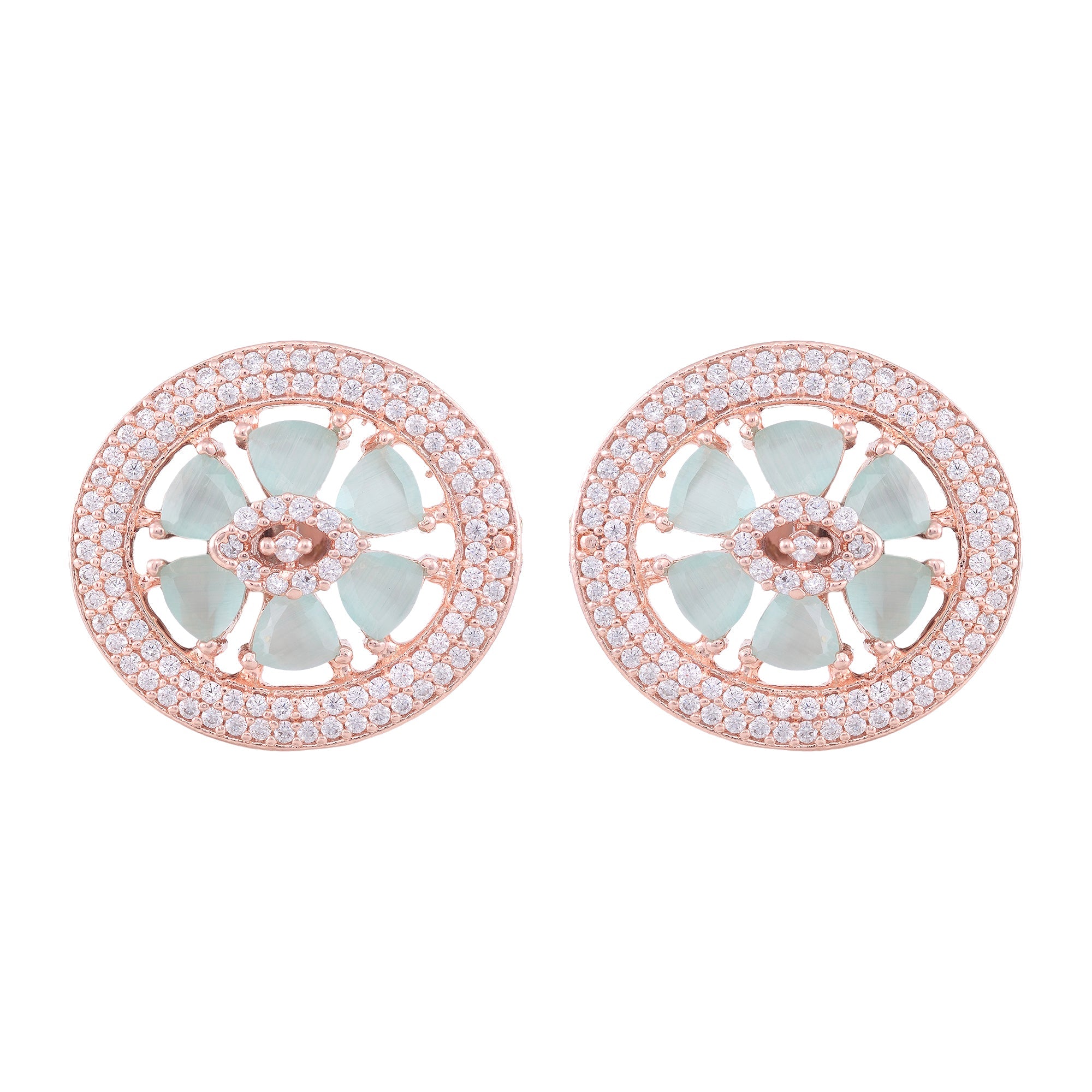 Floral Design Turquoise Studs Light Blue Tops With Ad Rose Gold Plated Small Earrings for Women and Girls
