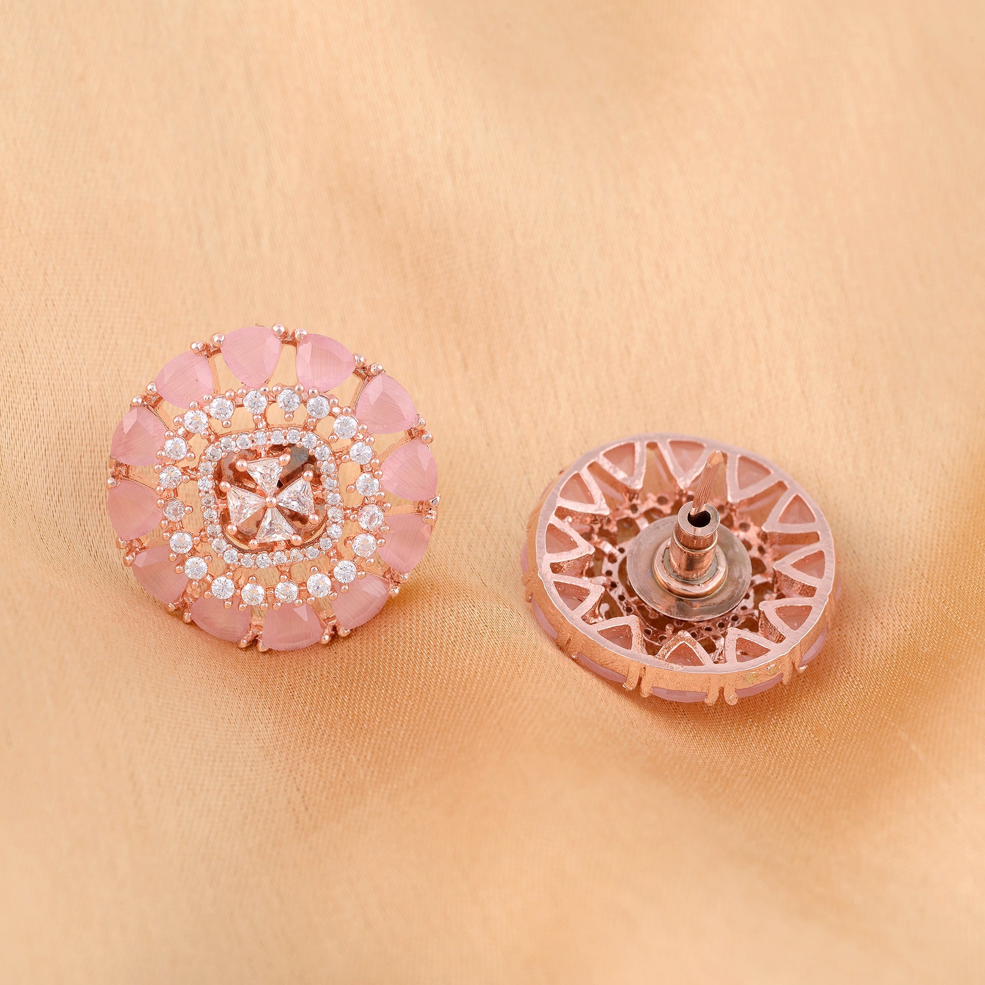 Subtle Light Pink Tops Rose Quatz Studs Ad Handcrafted Rose Gold Plated Earrings for Women and Girls