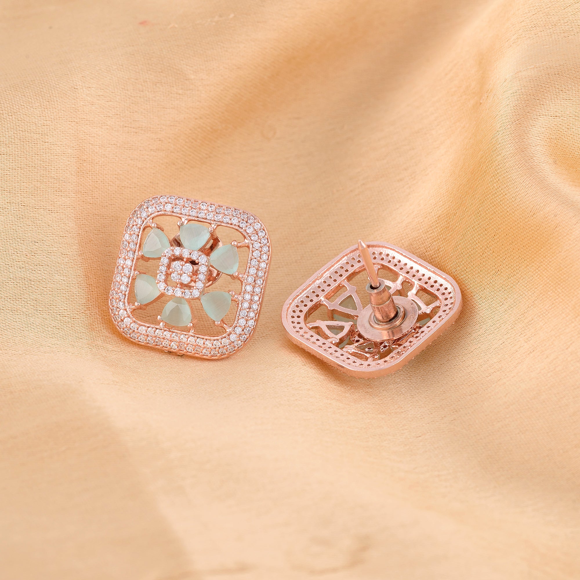Sqaure Sleek Turquoise Studs Light Blue Ad Studded Rose Gold Plated Small Earrings for Women and Girls