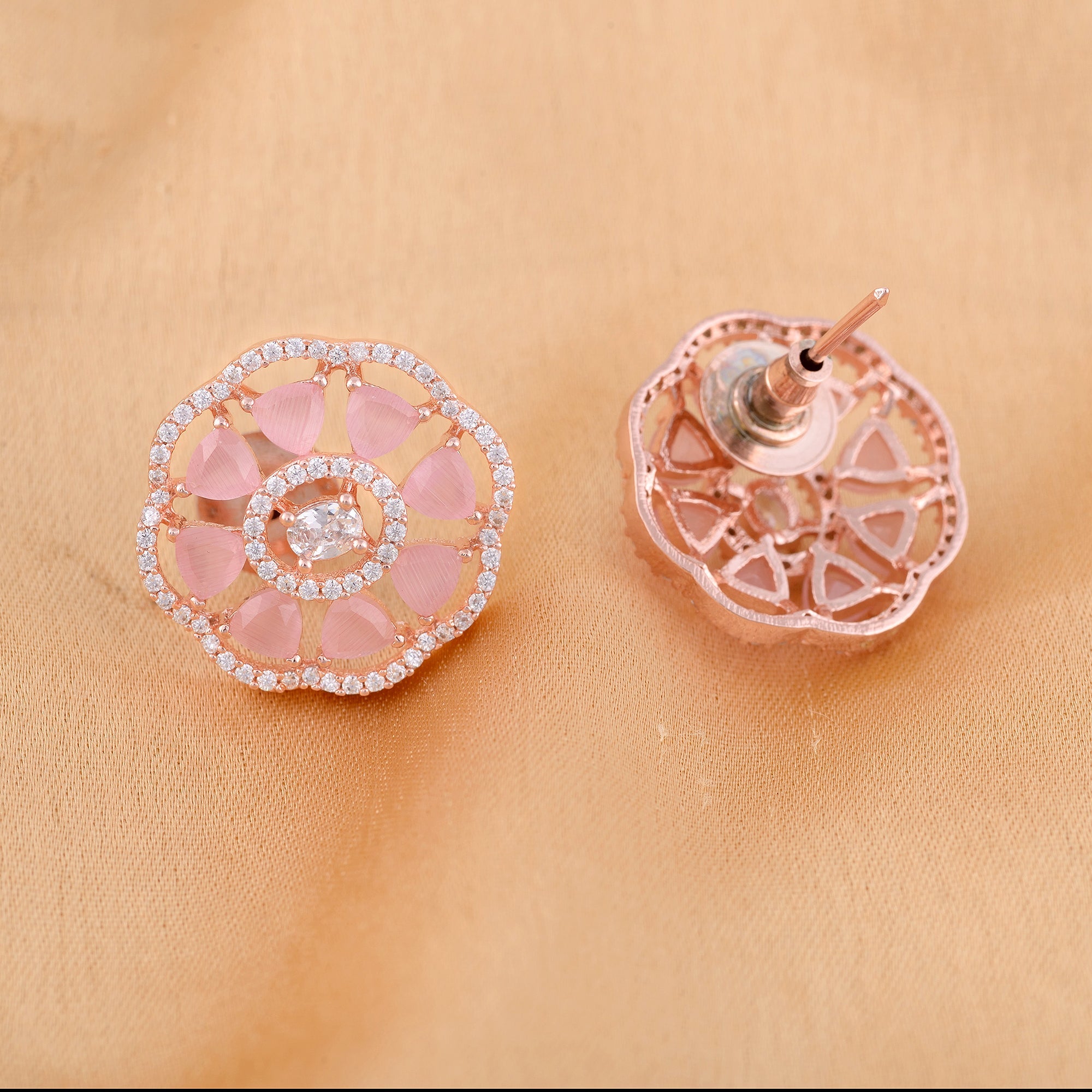 Handcrafted Floral Design Pastel Pink Studs Rose Quartz Small Earrings Rose Gold Plated for Women and Girls
