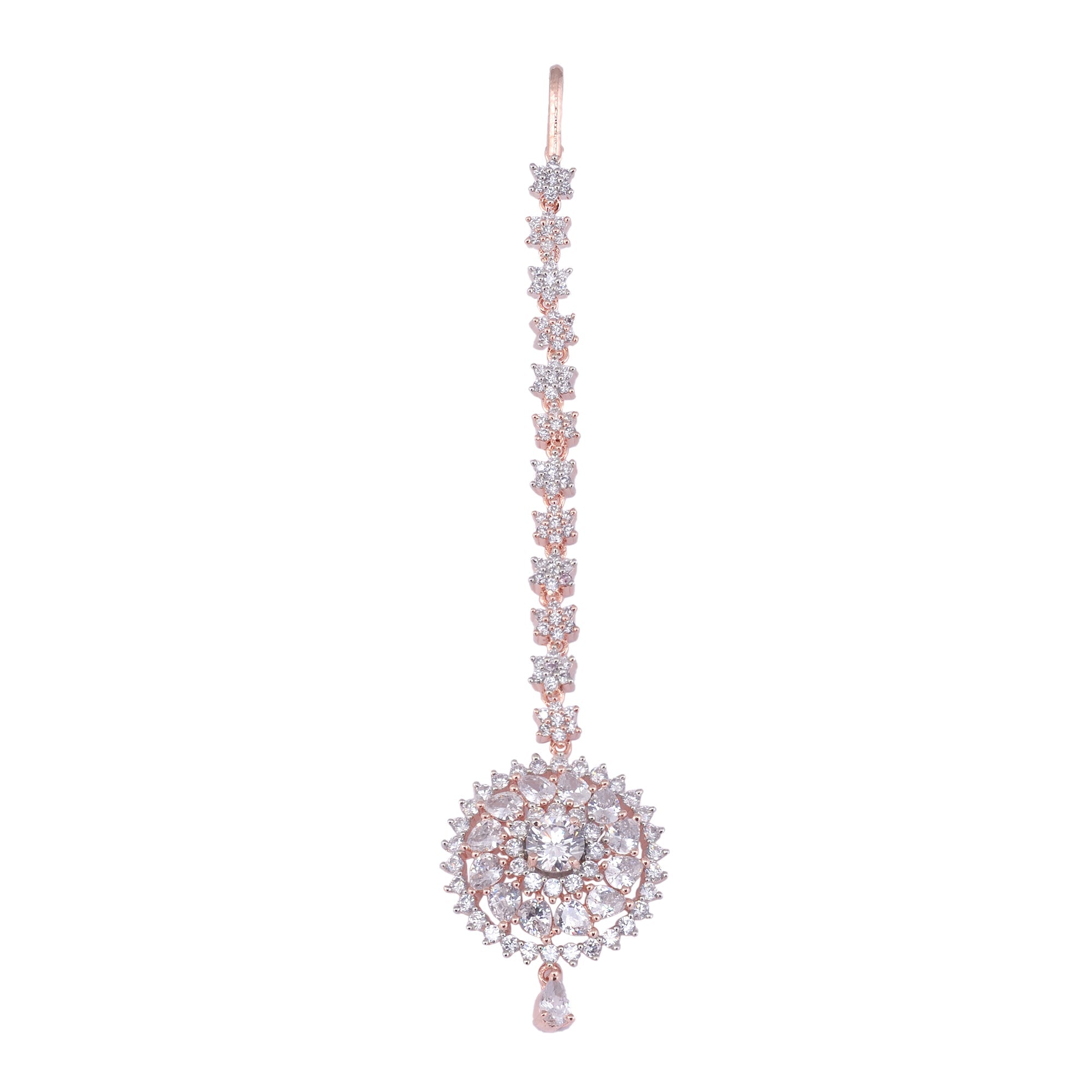 Handcrafted American diamond Maang tika,Rose Gold plated for Women & Girls