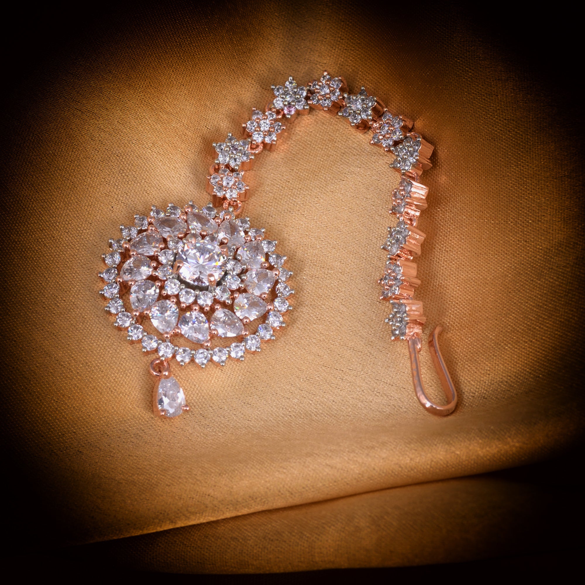 Handcrafted American diamond Maang tika,Rose Gold plated for Women & Girls