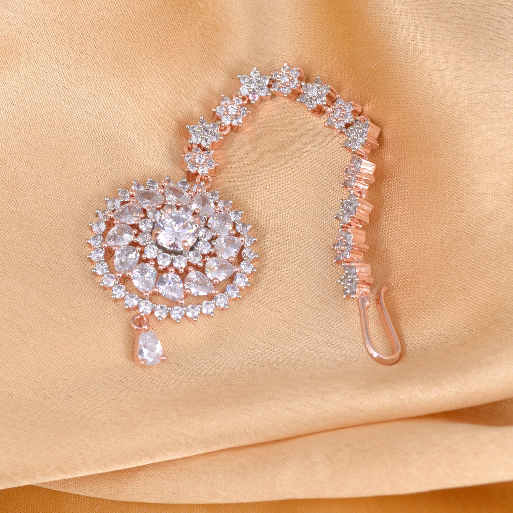 Handcrafted American diamond Maang tika,Rose Gold plated for Women & Girls