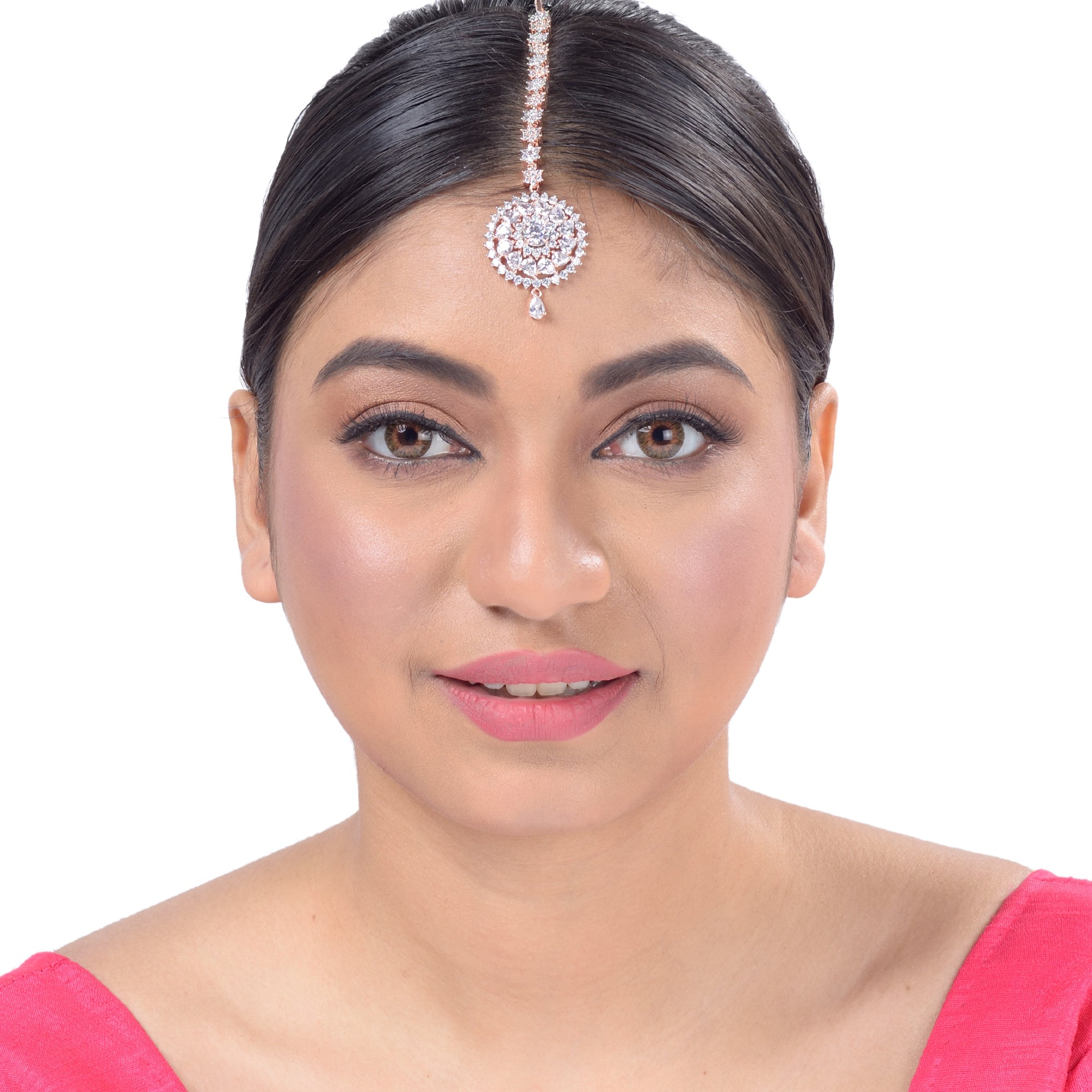 Handcrafted American diamond Maang tika,Rose Gold plated for Women & Girls