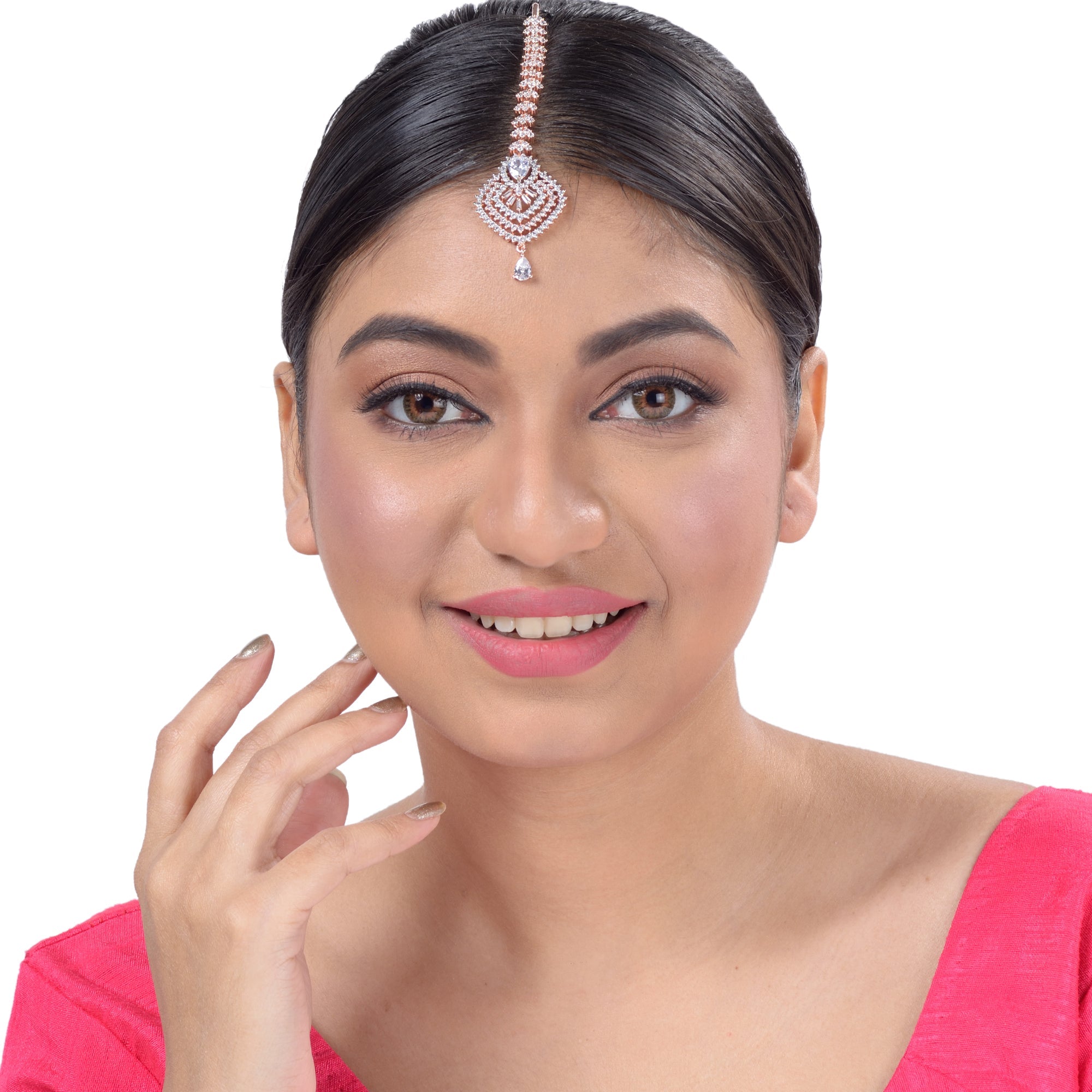 Beautiful Diamond shaped Maang Tikka AD studded Rose Gold plated for Women & Girls