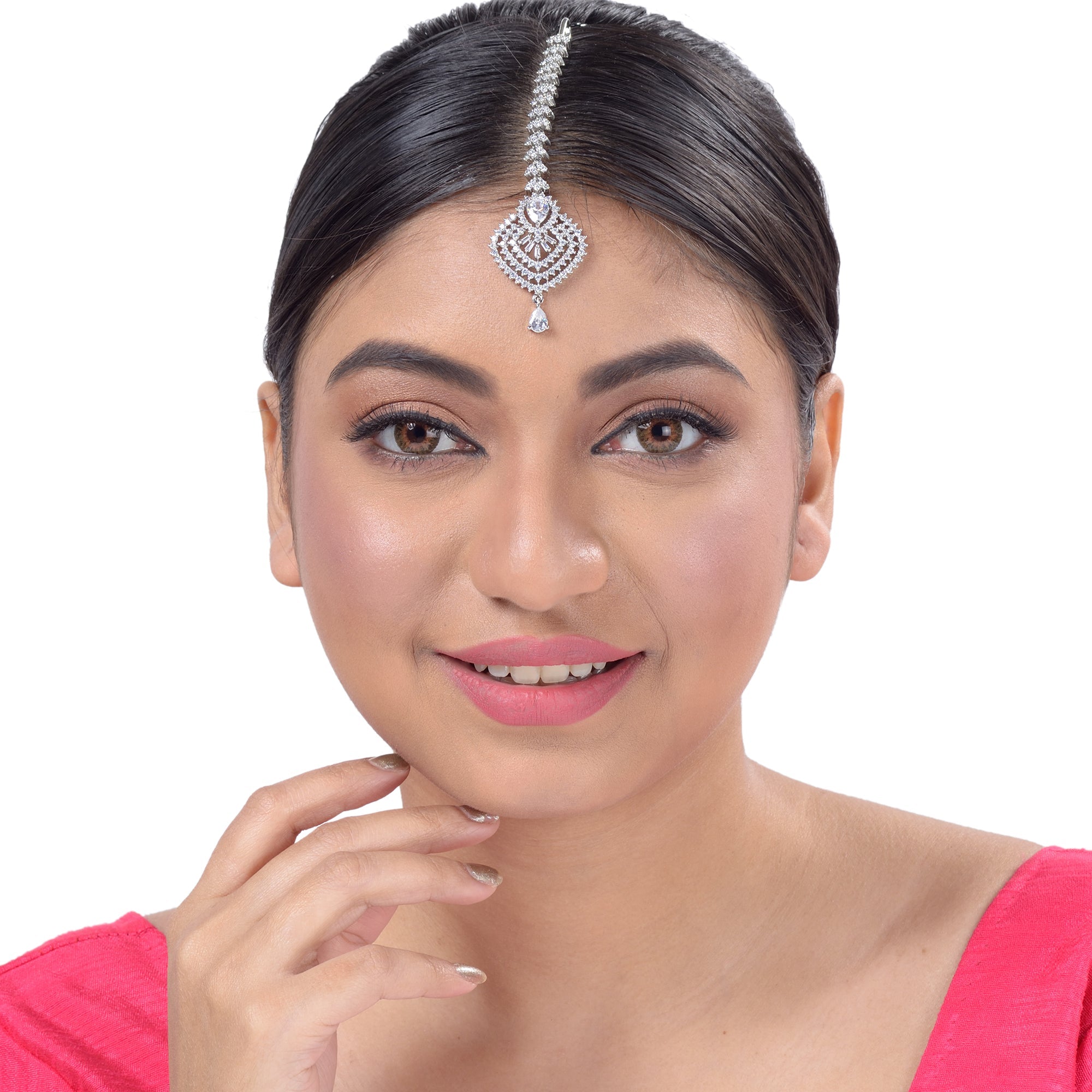 Beautiful Diamond shaped Maang Tikka AD studded Silver plated for Women & Girls