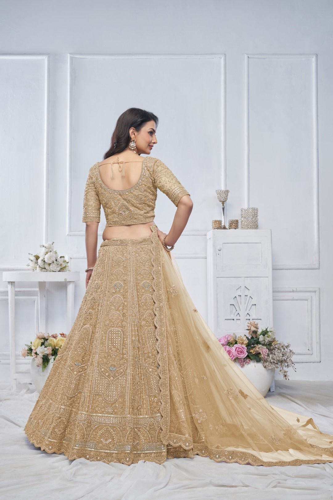 Women's Golden Soft Net Motifs Lehenga Set - Kesar Fab