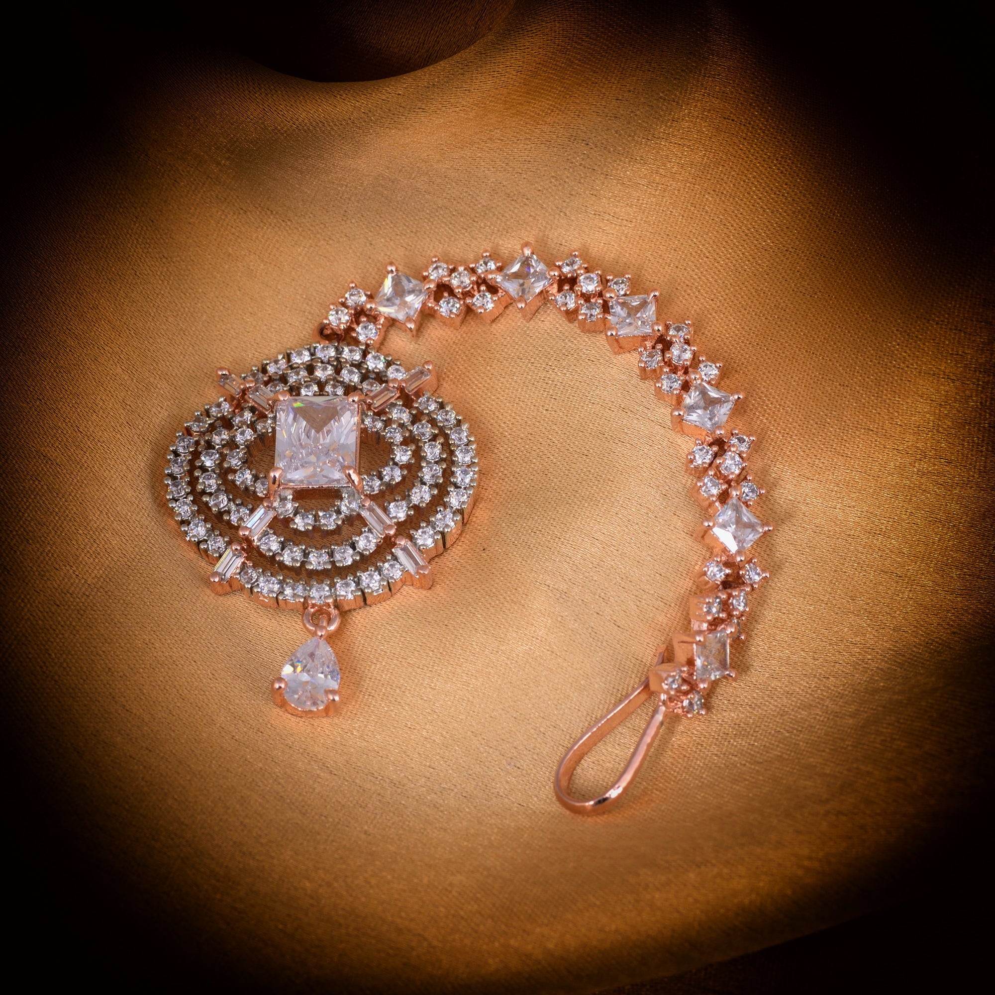 Solitaire Maang Tikka American Diamond studded Rose Gold plated for Women & Girls