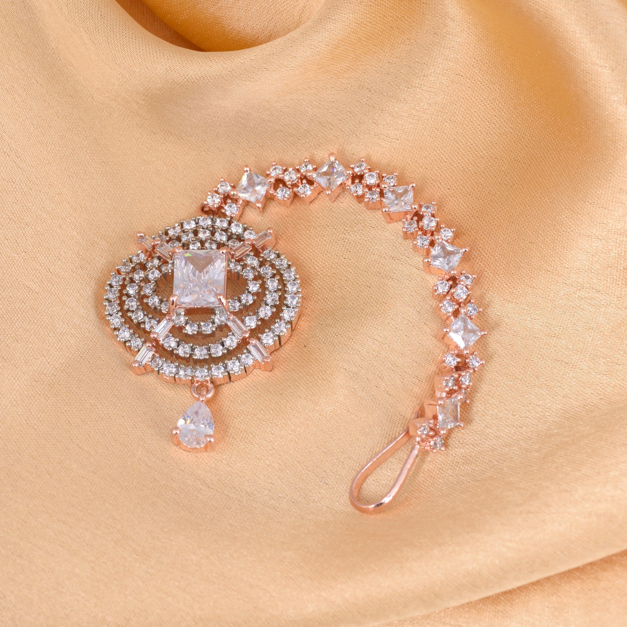 Solitaire Maang Tikka American Diamond studded Rose Gold plated for Women & Girls