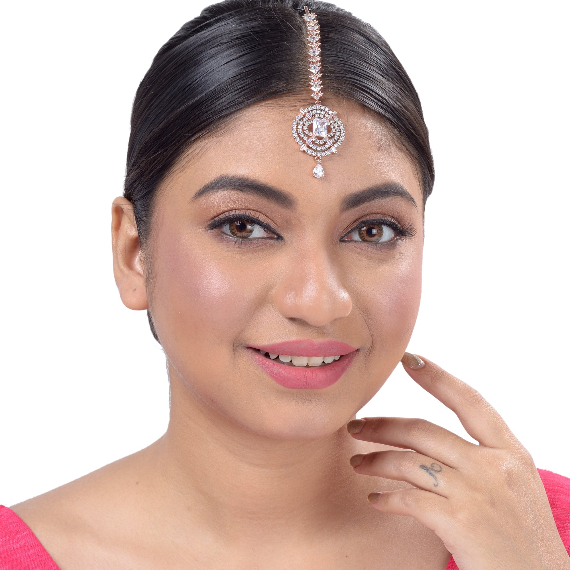Solitaire Maang Tikka American Diamond studded Rose Gold plated for Women & Girls