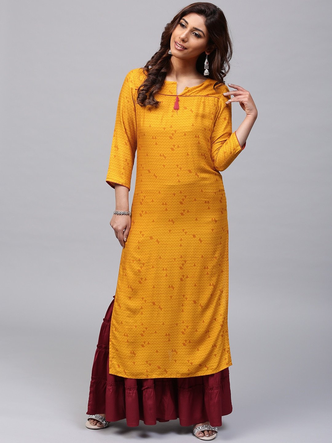 Women's  Mustard Yellow Printed Straight Kurta -