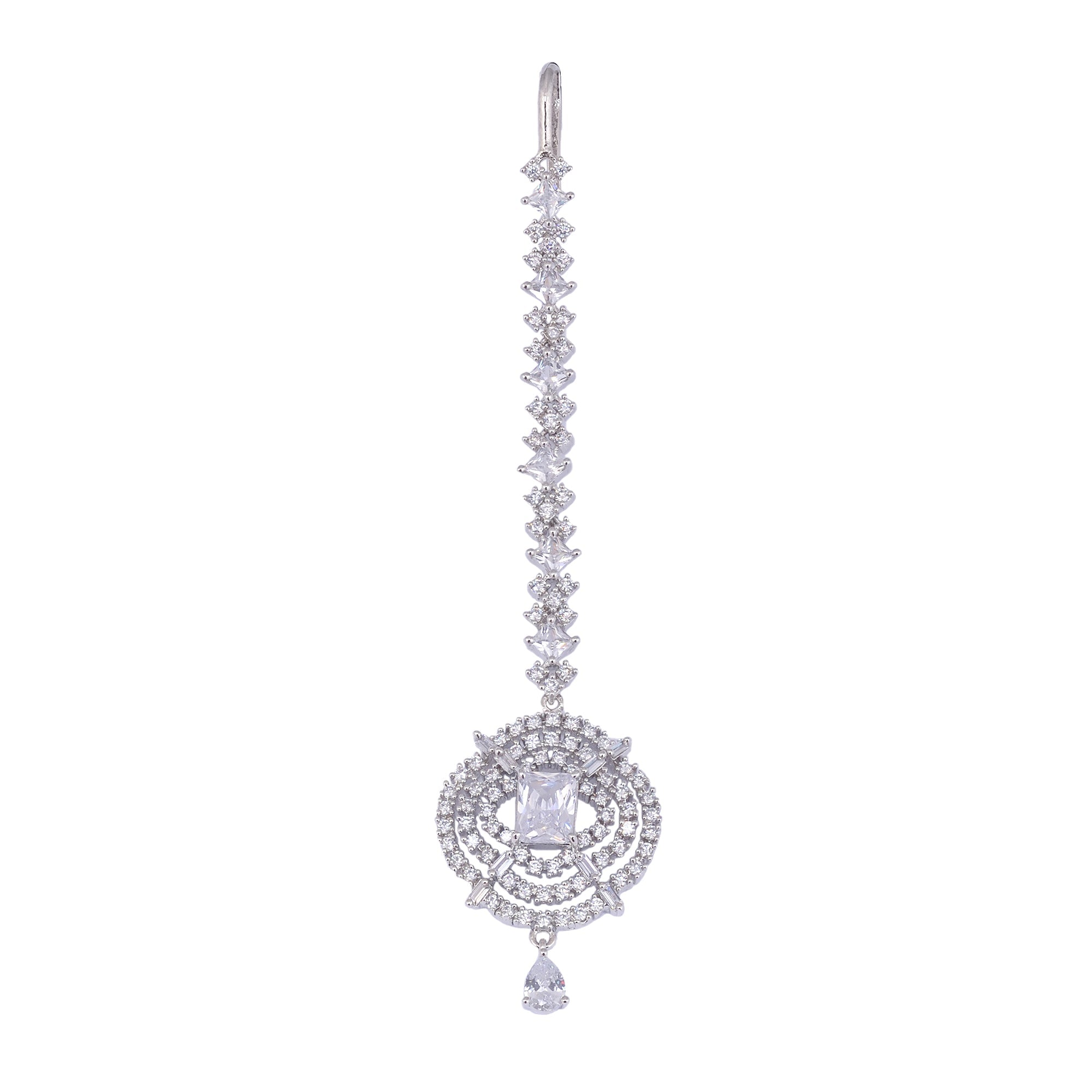 Solitaire Maang Tikka American Diamond studded Silver plated for Women & Girls