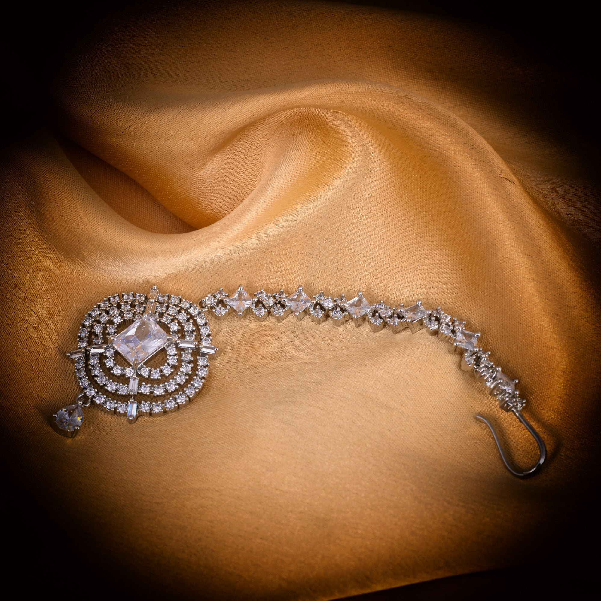 Solitaire Maang Tikka American Diamond studded Silver plated for Women & Girls
