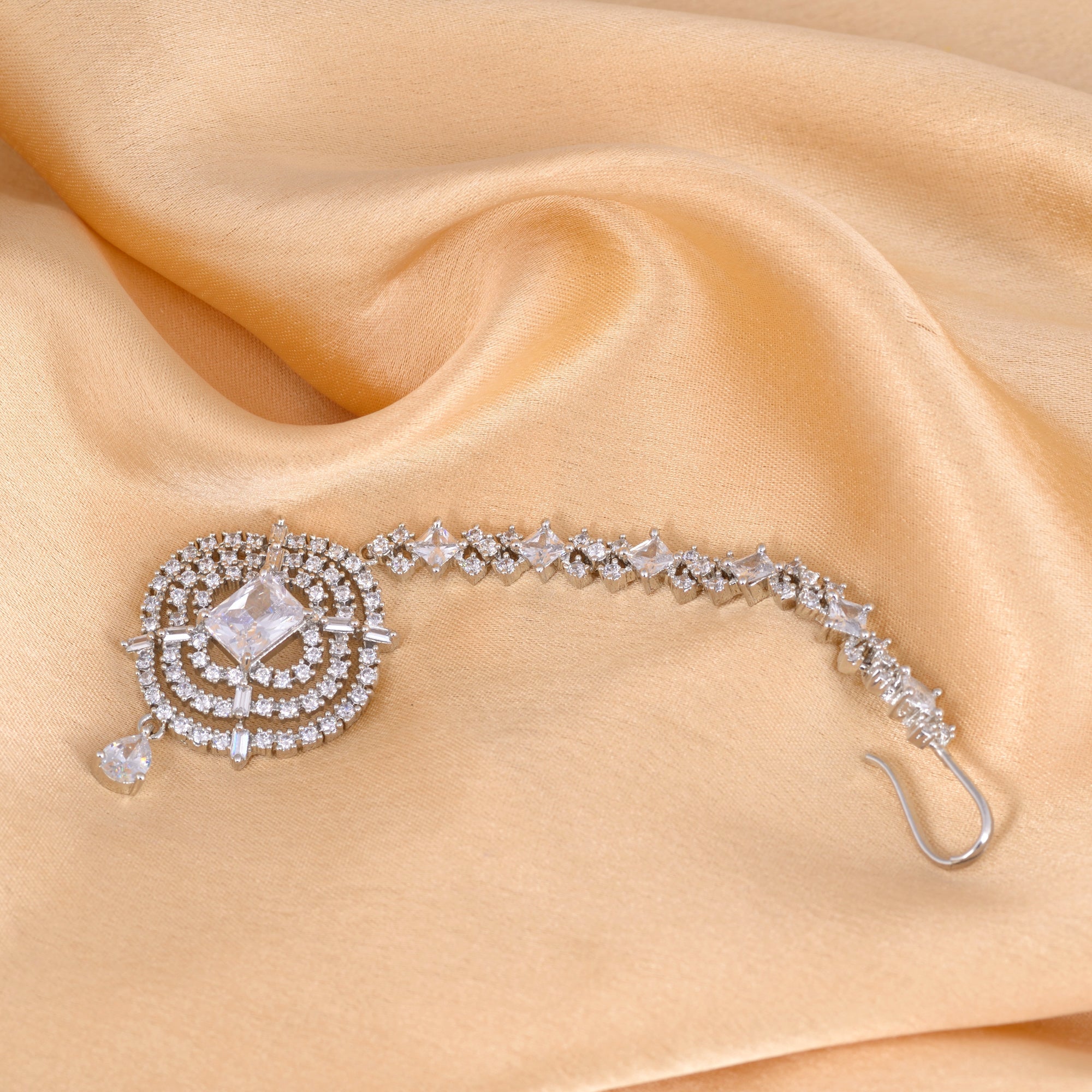Solitaire Maang Tikka American Diamond studded Silver plated for Women & Girls