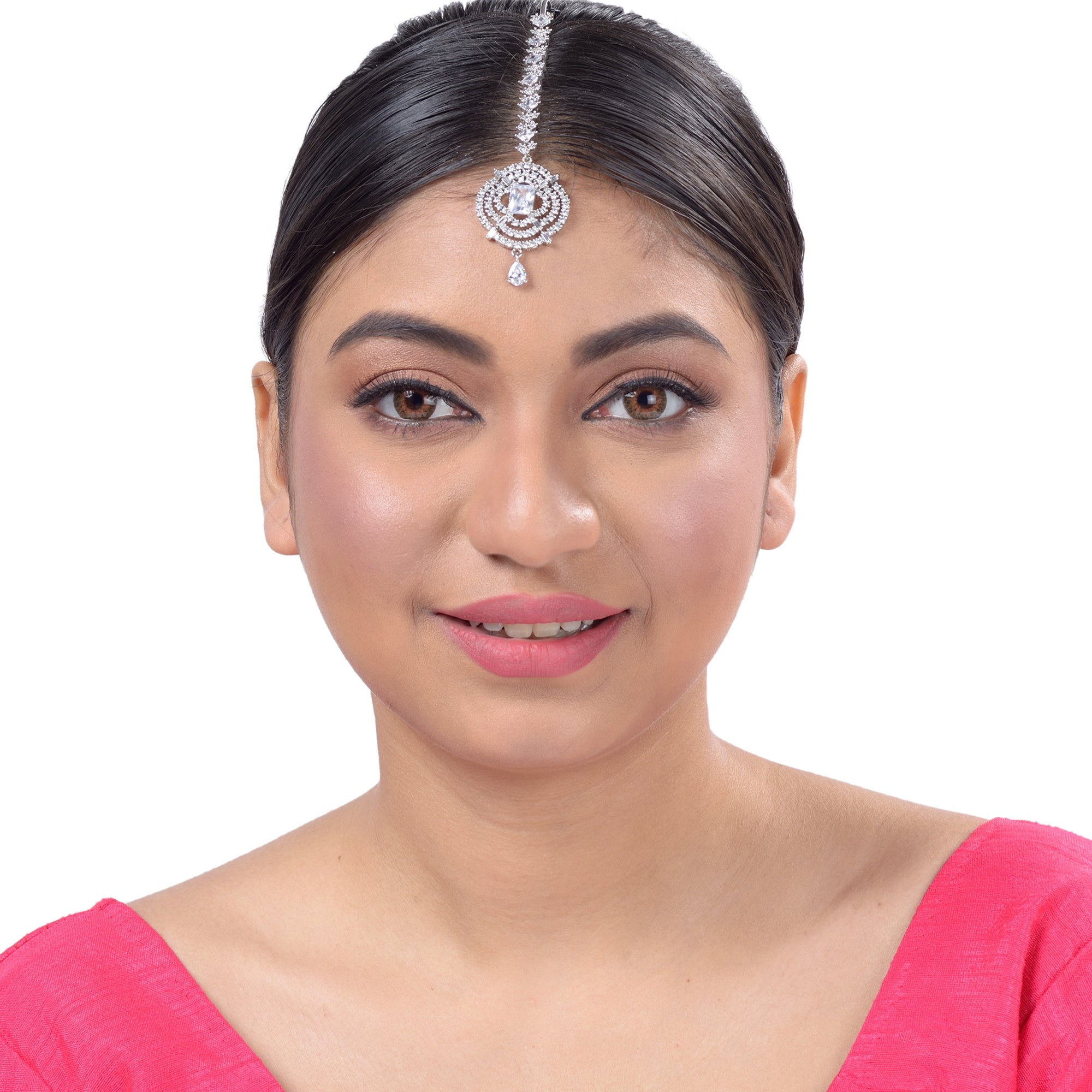Solitaire Maang Tikka American Diamond studded Silver plated for Women & Girls