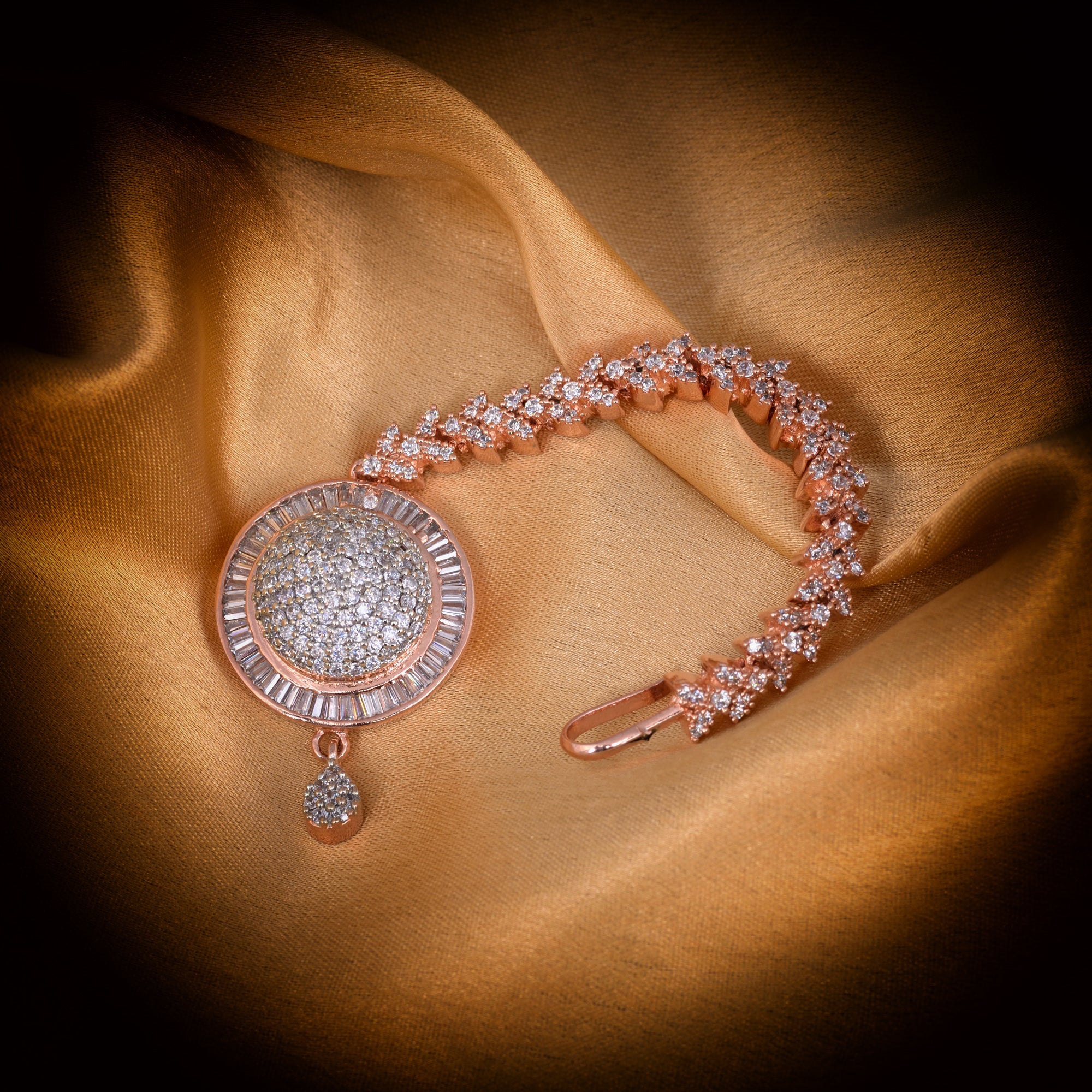 Unique Diamond clustered Maang Tikka round shaped Rose Gold plated AD studded for Women & Girls