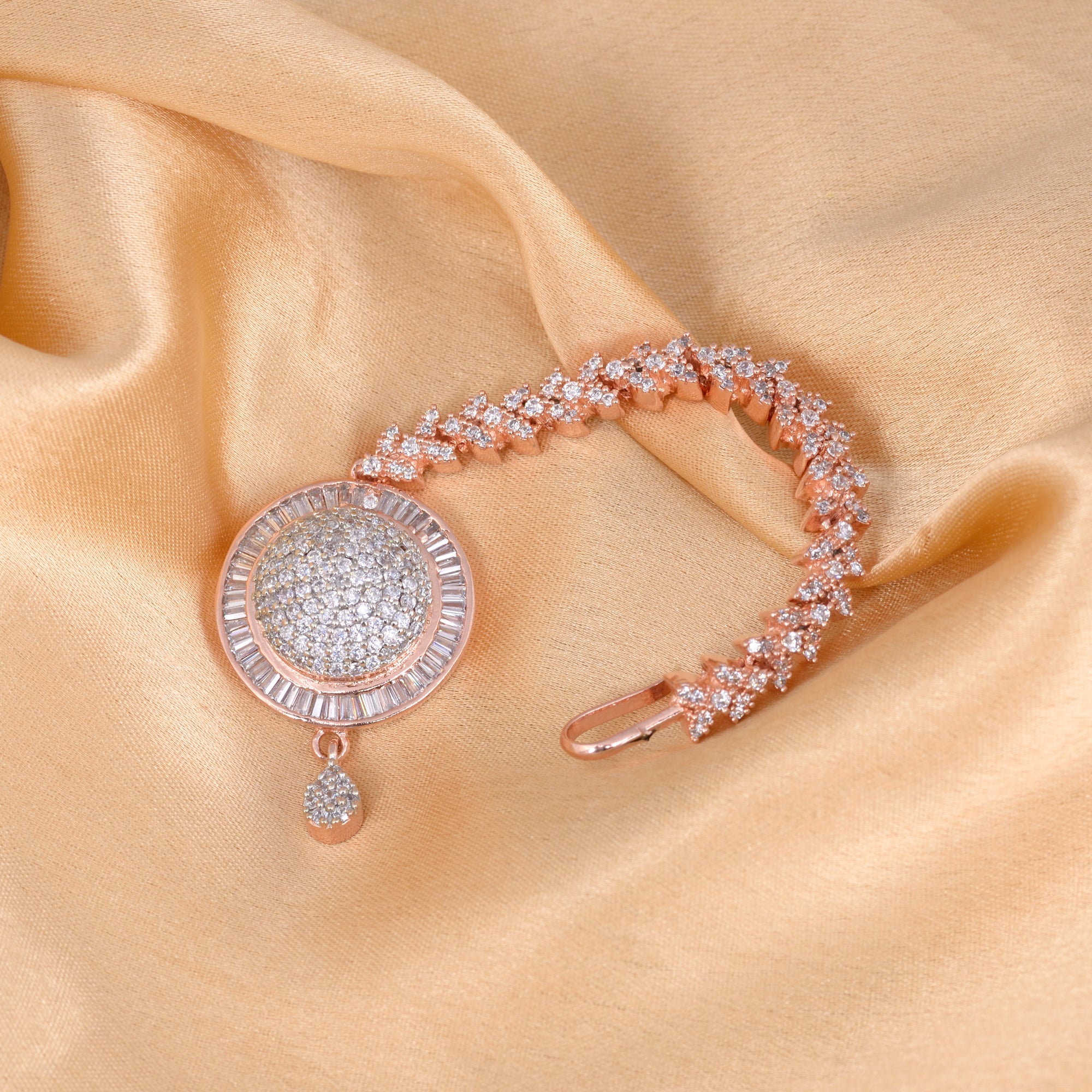 Unique Diamond clustered Maang Tikka round shaped Rose Gold plated AD studded for Women & Girls