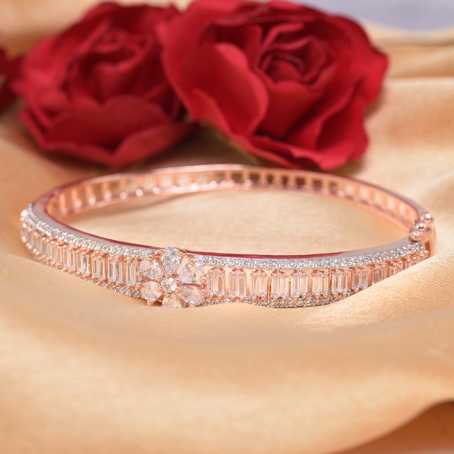 Floral Design Light Diamond Bracelet Rose Gold Plated For Women And Girls