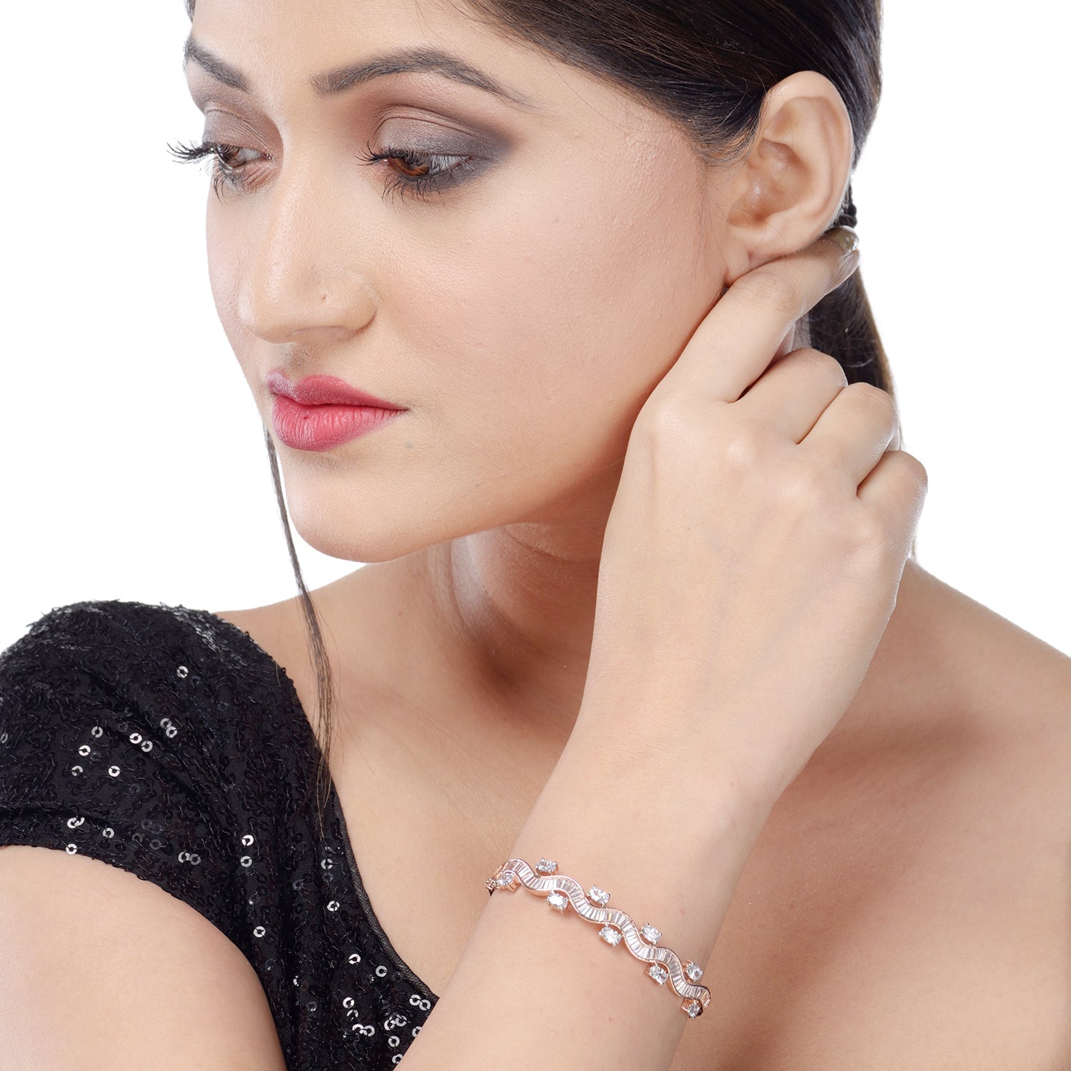 Wavy Pattern Diamond Bracelet, Rose Gold Plated For Women And Girls