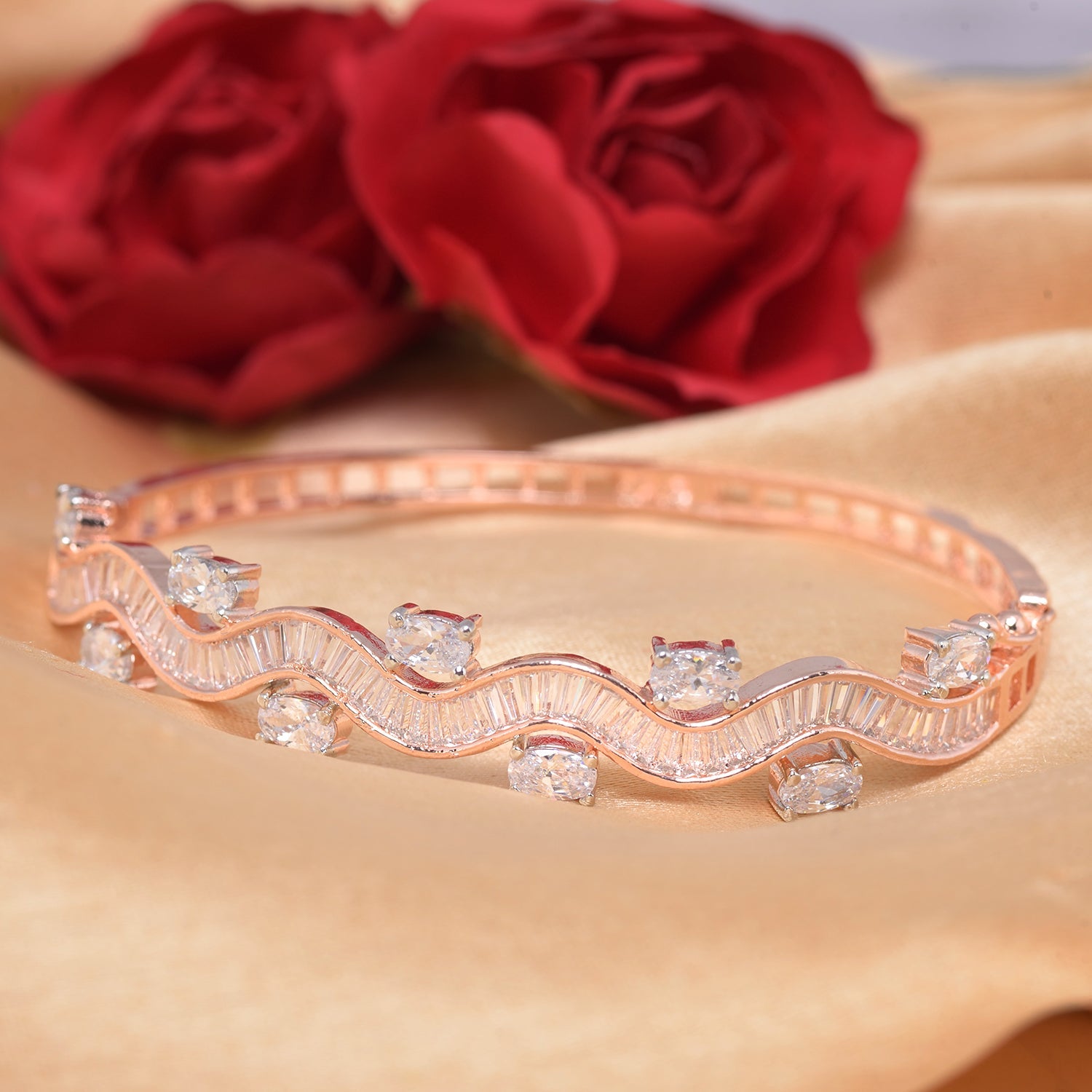 Wavy Pattern Diamond Bracelet, Rose Gold Plated For Women And Girls