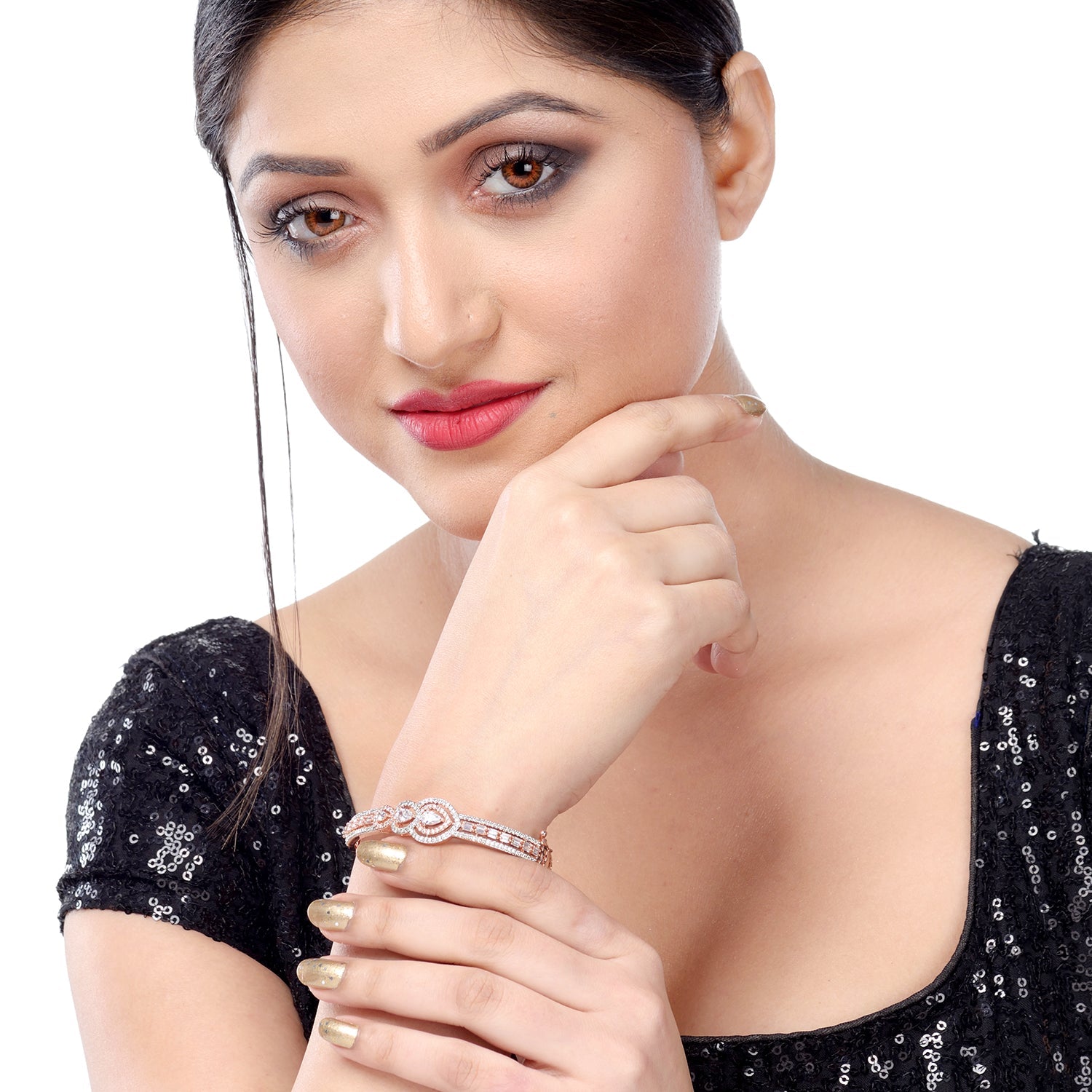 Drop Design Diamond Studded Bracelet,Rose Gold Plated For Women And Girls