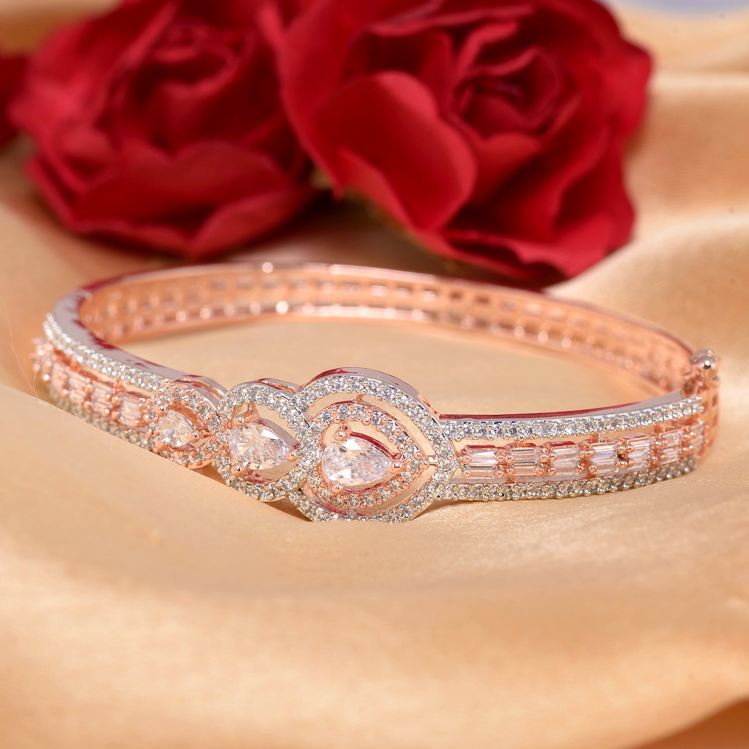 Drop Design Diamond Studded Bracelet,Rose Gold Plated For Women And Girls