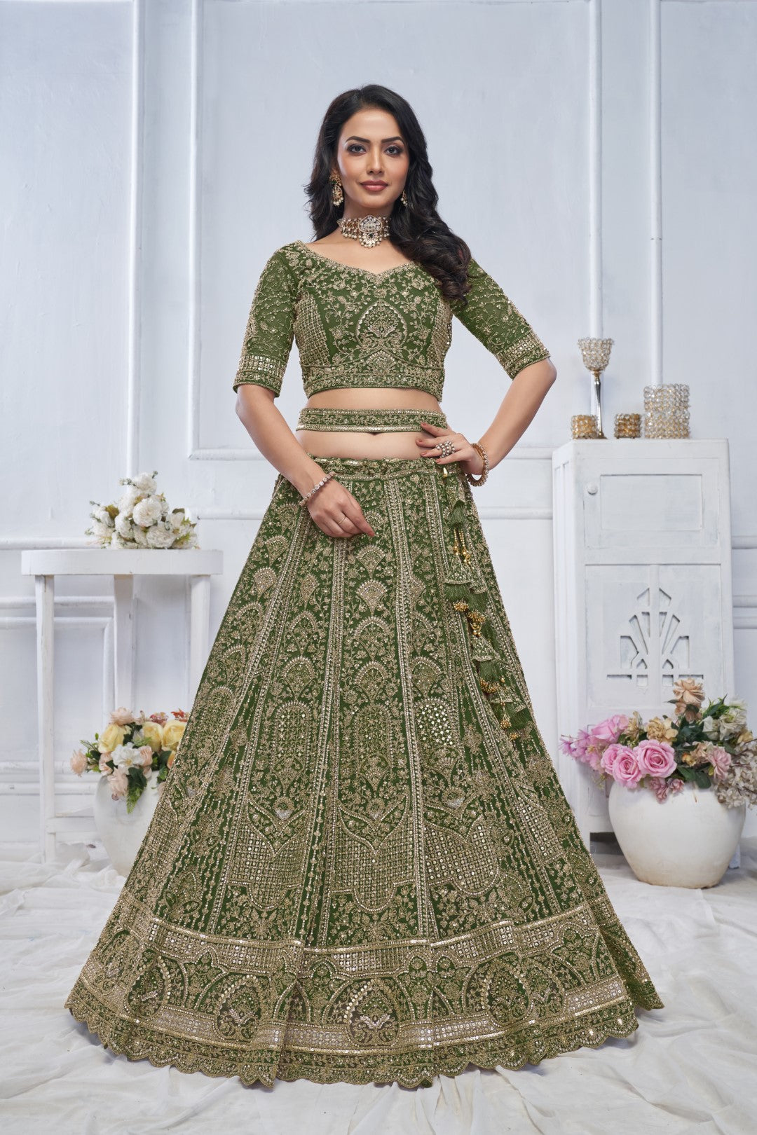 Women's Green Soft Net Motifs Lehenga Set - Kesar Fab