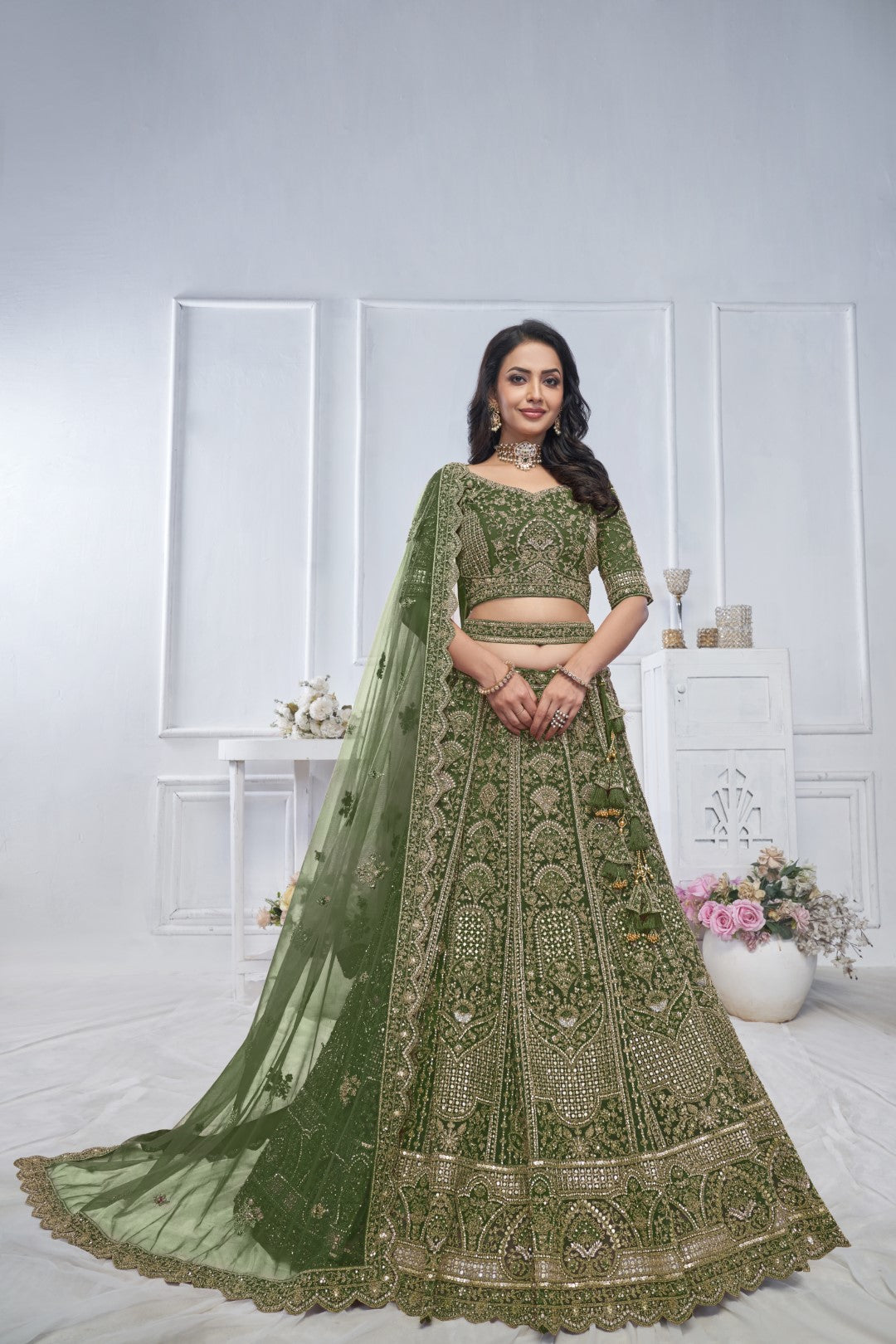 Women's Green Soft Net Motifs Lehenga Set - Kesar Fab