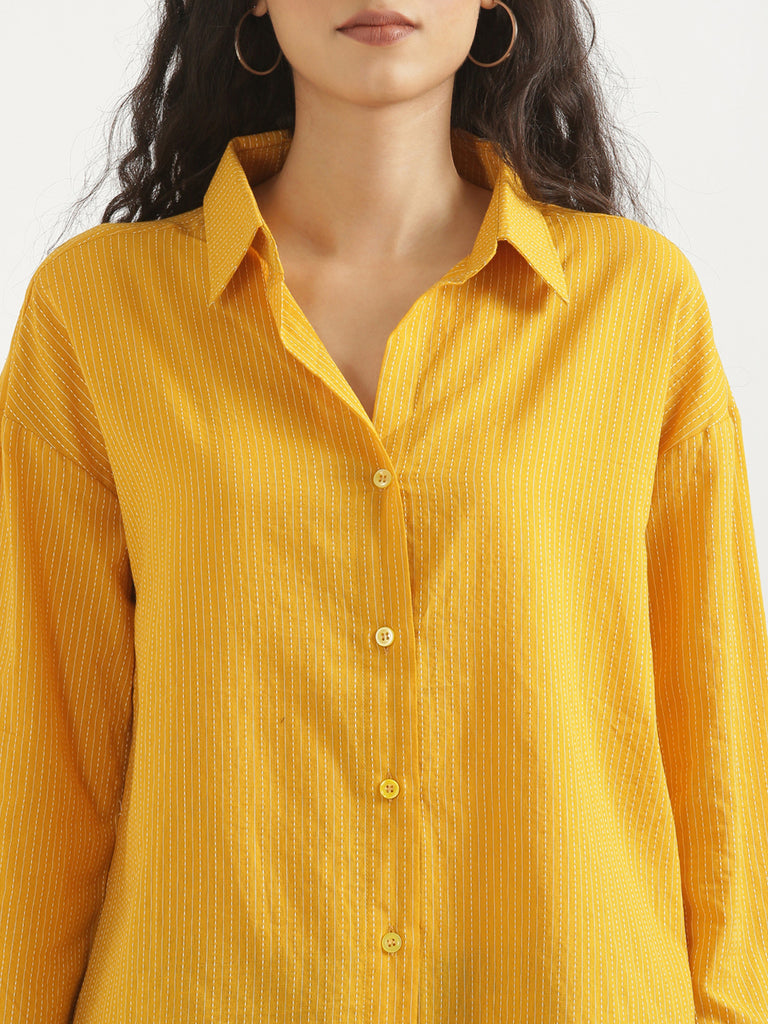 Women's Airy Linen Textured Casual Oversize Yellow Shirt