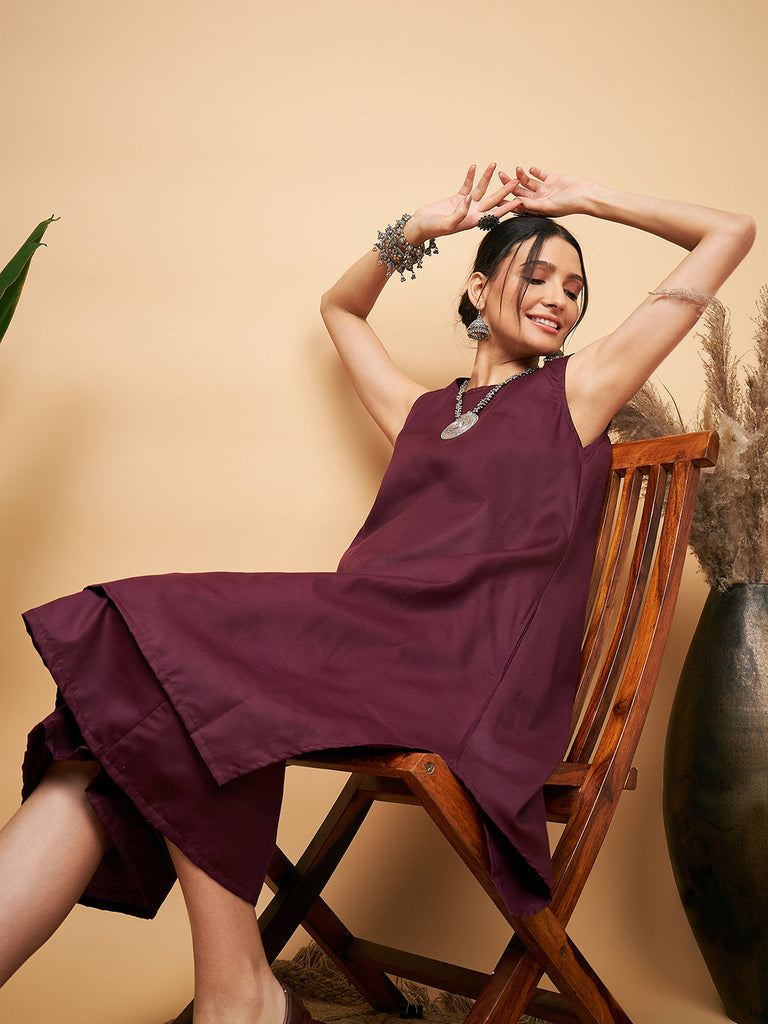 Women's Wine Solid Short Kurta Palazzo Set