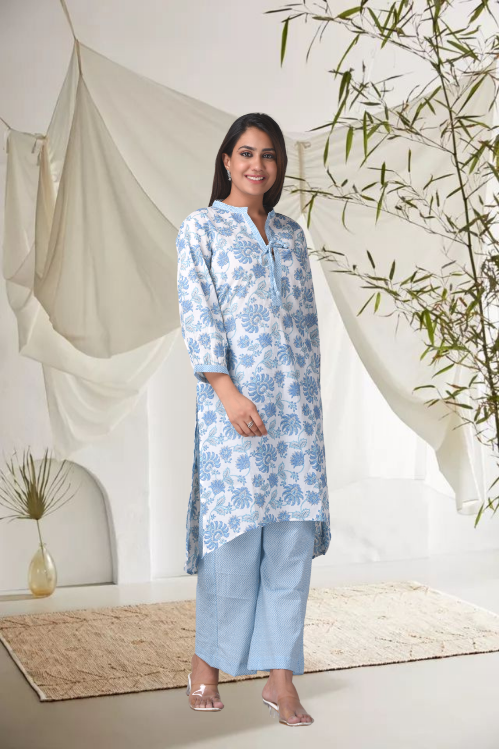 Women's White & Blue Cotton Floral Hilo Kurta Pants Set - (Set Of 2) - Nangalia Ruchira