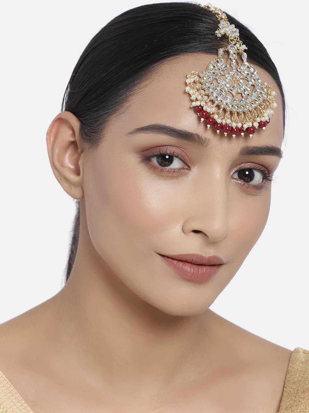 Women's Traditional Gold Plated Kundan & Pearl Studded Maang Tikka