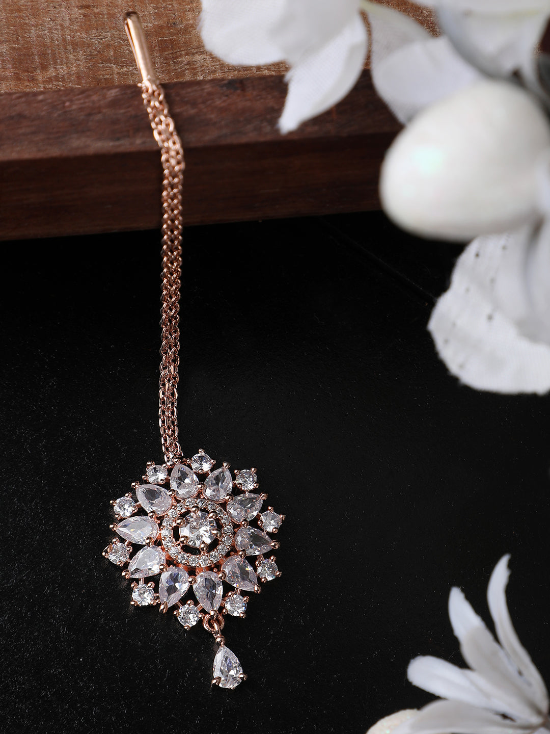 Women's Rose Gold-Plated White Cz & Ad-Studded Hand Crafted Maangtikka
