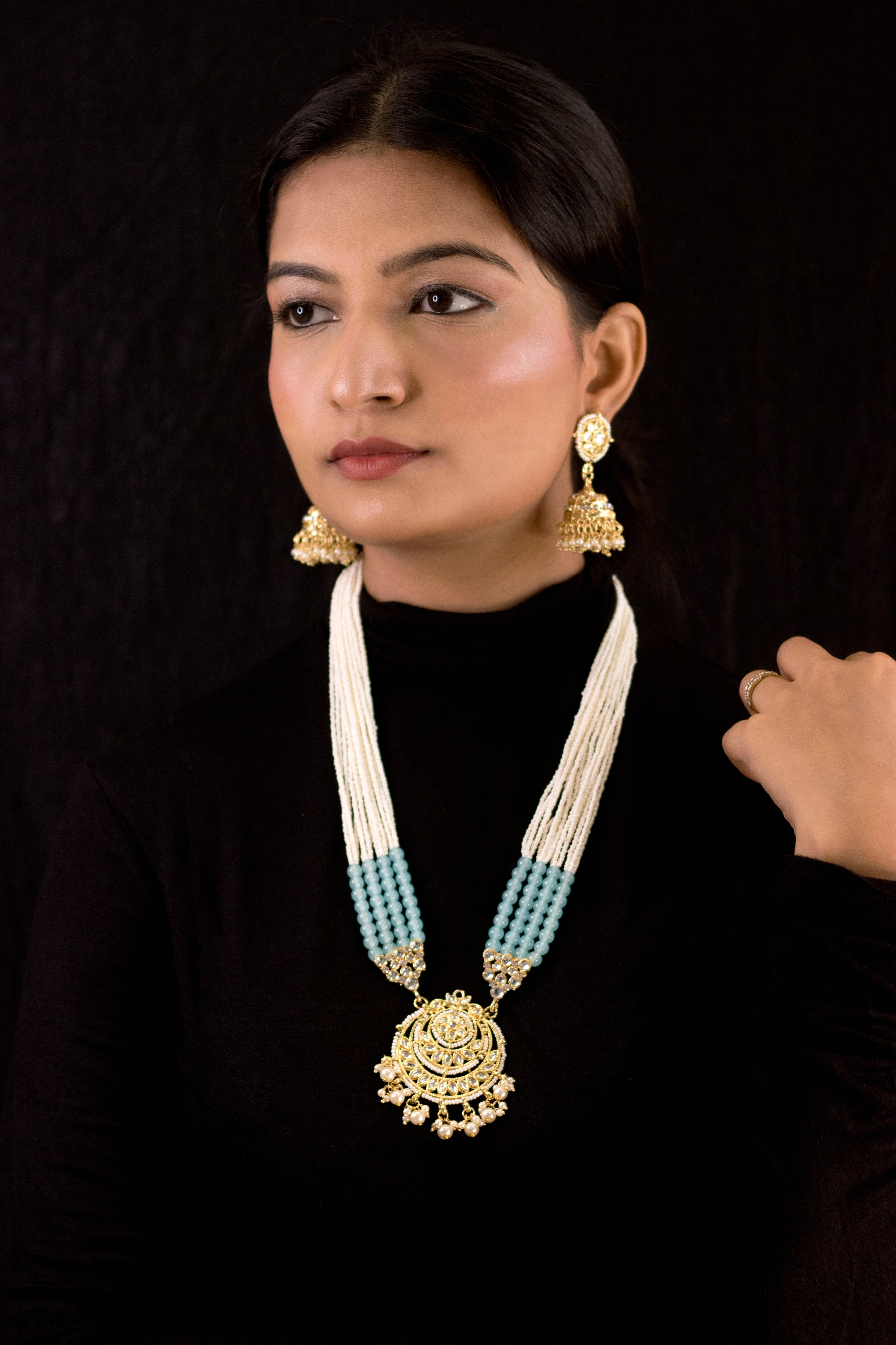 Women's Gold Plated Turquoise Ethnic Kundan Pearl Studded Long Necklace Set